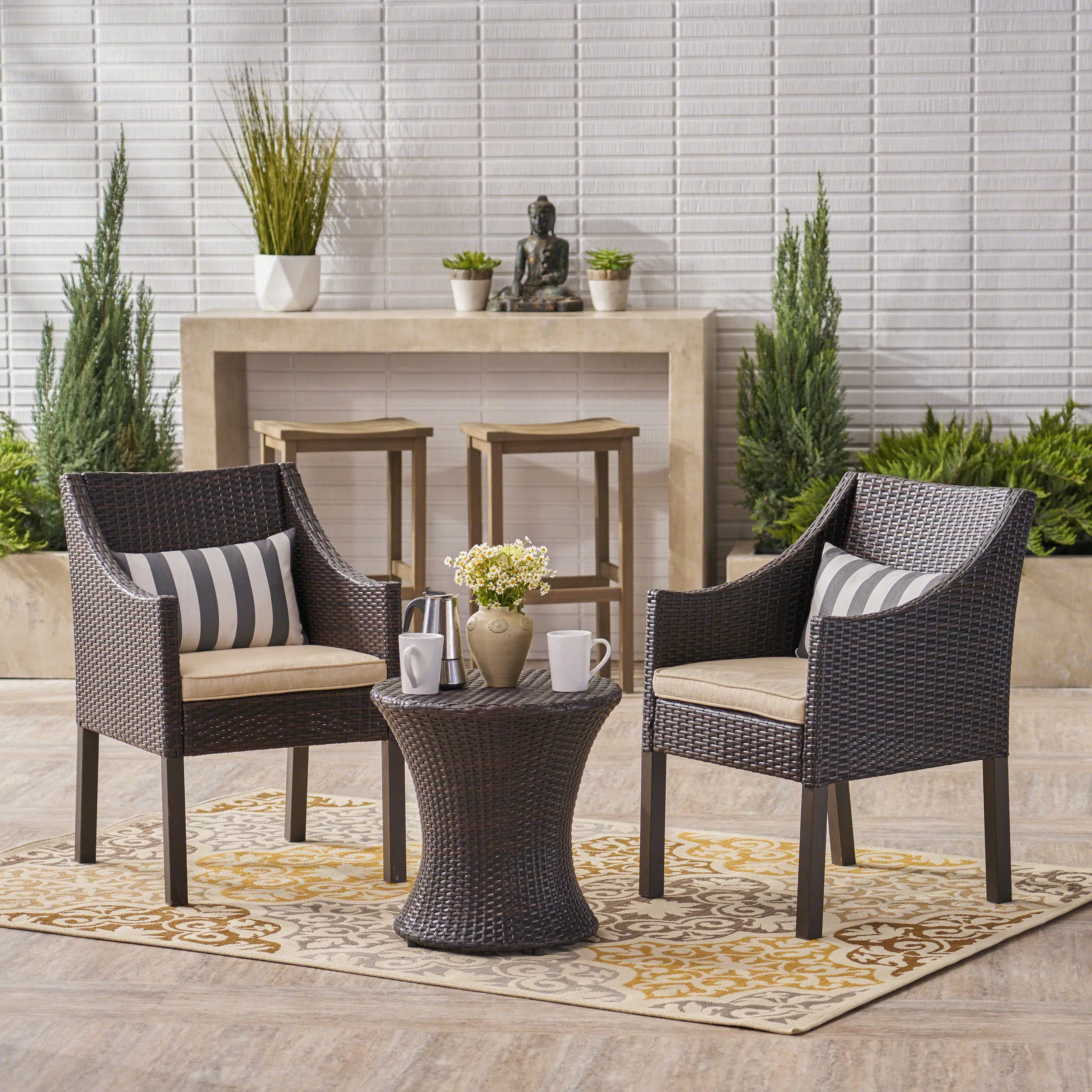 Outdoor 3 Piece Wicker Chat Set, Multibrown with Beige Cushions - NH547403 clothes rack, garment rack