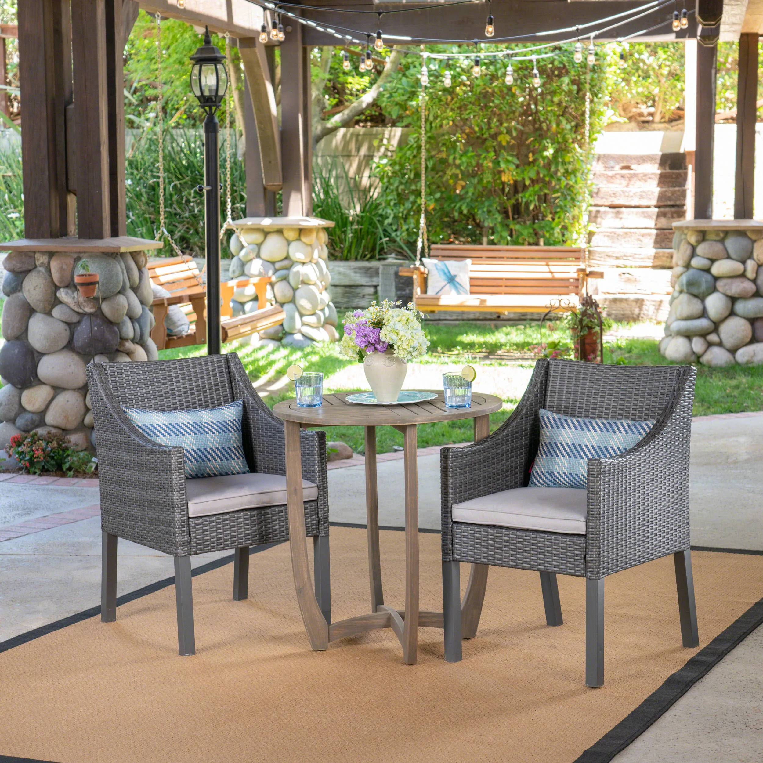 Outdoor 3 Piece Wood and Wicker Bistro Set, Gray and Gray - NH071503 patio chairs, outdoor seating