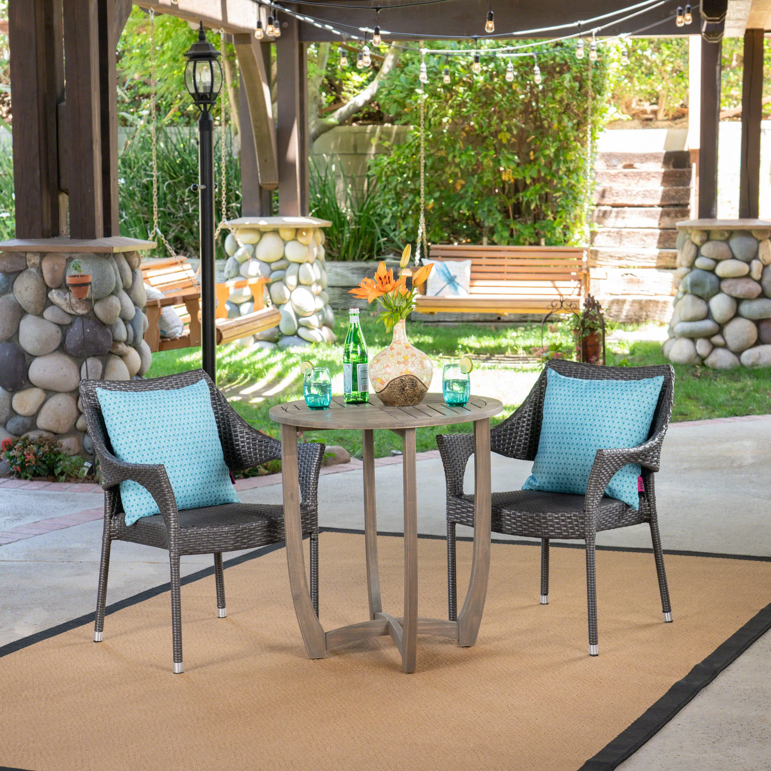 Outdoor 3 Piece Wood and Wicker Bistro Set, Gray and Gray - NH661503 patio chairs, outdoor seating