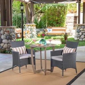 Outdoor 3 Piece Wood and Wicker Bistro Set, Gray and Gray - NH761503 patio chairs, outdoor seating