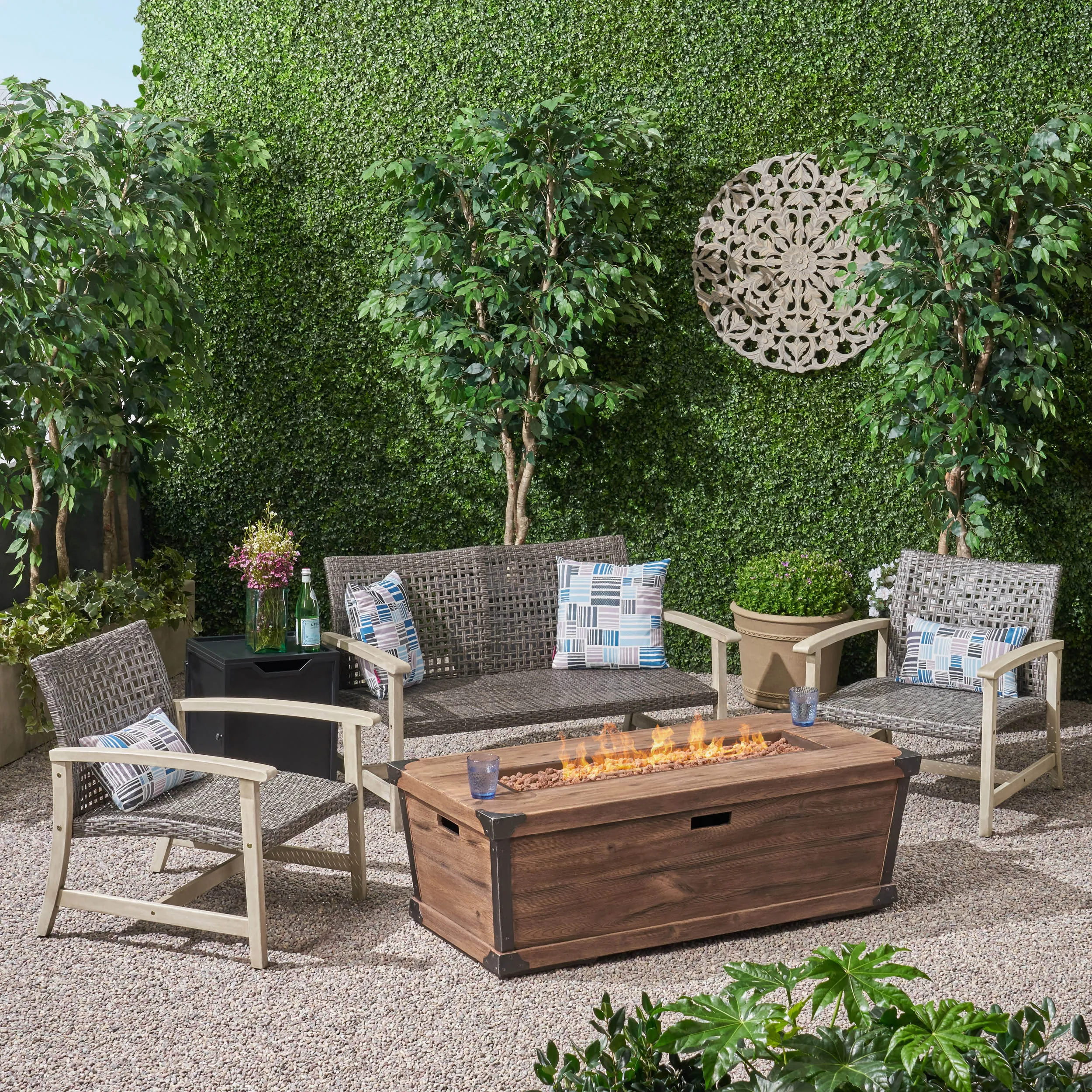 Outdoor 3 Piece Wood and Wicker Chat Set with Fire Pit - NH518703