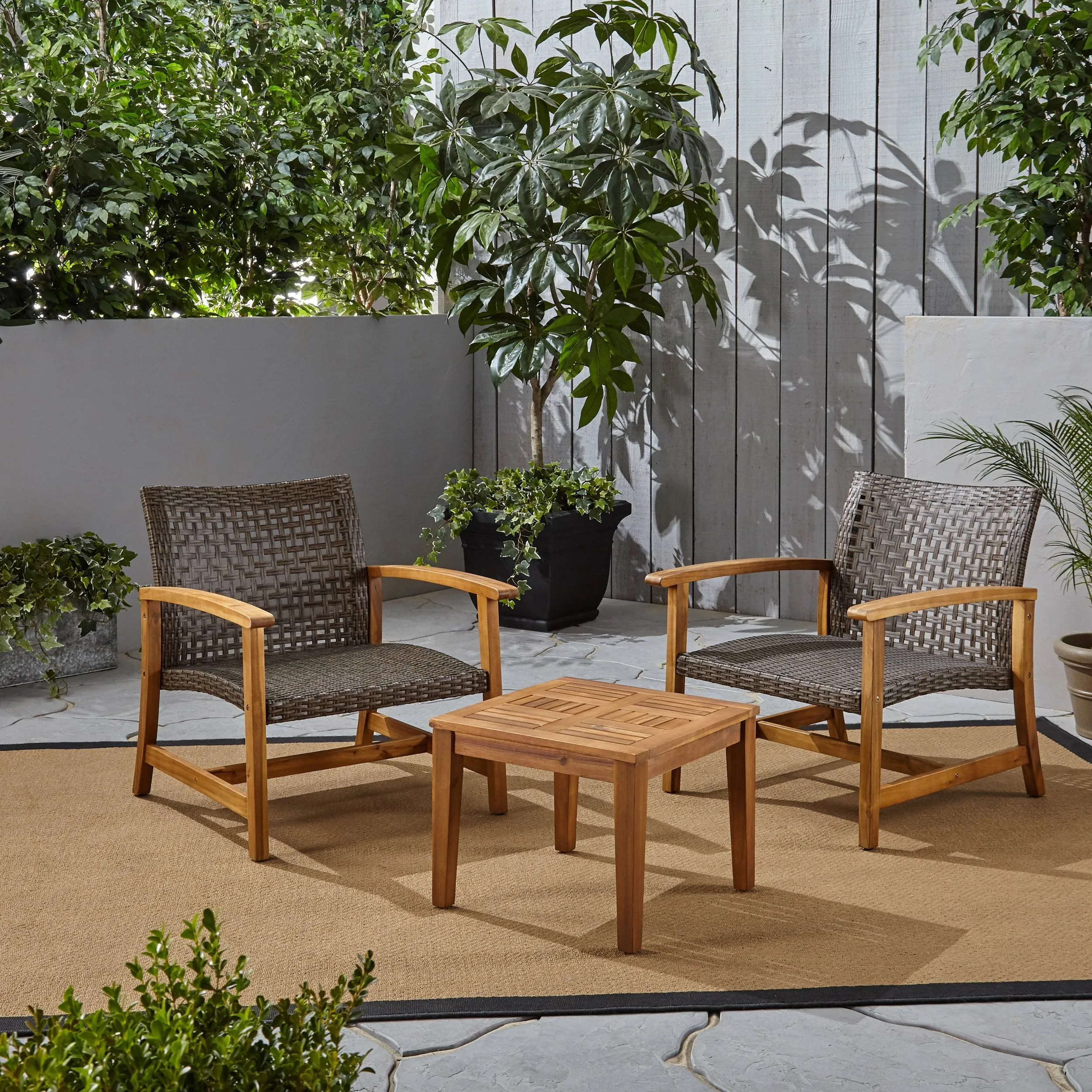 Outdoor 3 Piece Wood and Wicker Club Chairs and Side Table Set - NH541803