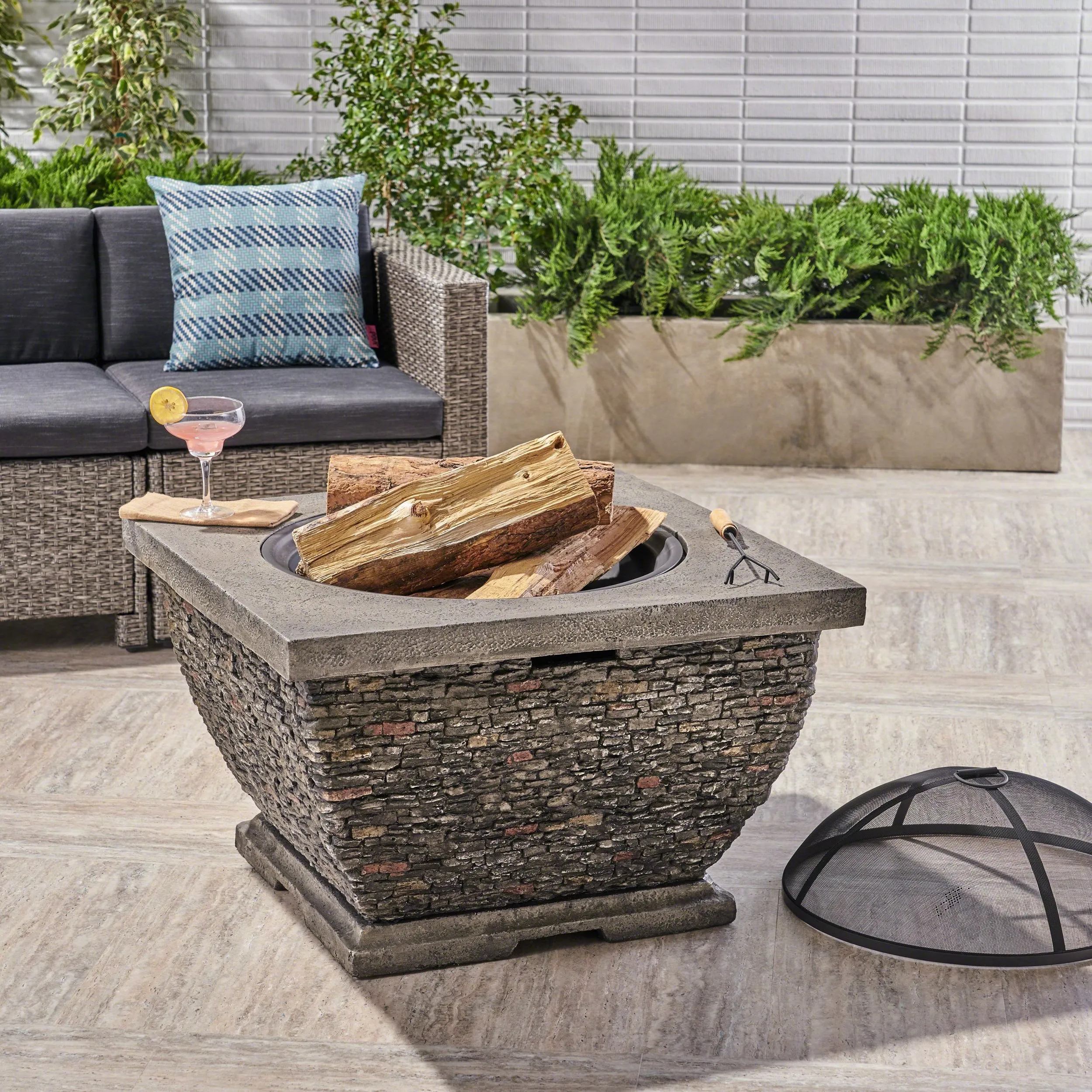 Outdoor 32-inch Wood Burning Light-Weight Concrete Square Fire Pit, Grey - NH384403 patio chairs, outdoor seating