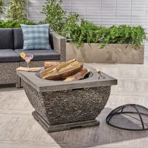 Outdoor 32-inch Wood Burning Light-Weight Concrete Square Fire Pit, Grey - NH384403 floor chair, tatami chair