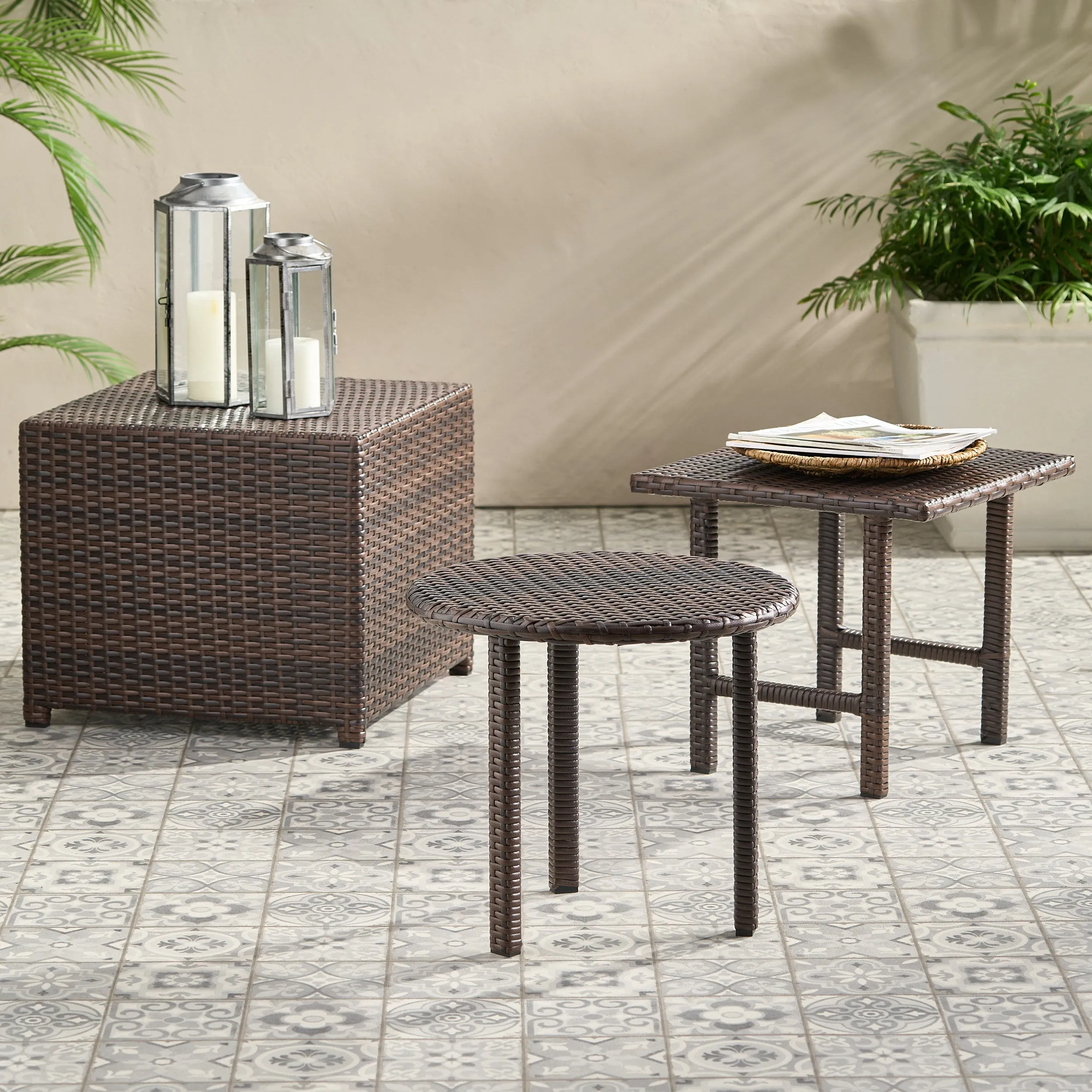 Outdoor 3pc Brown Wicker Side Table Set - NH429482 patio chairs, outdoor seating