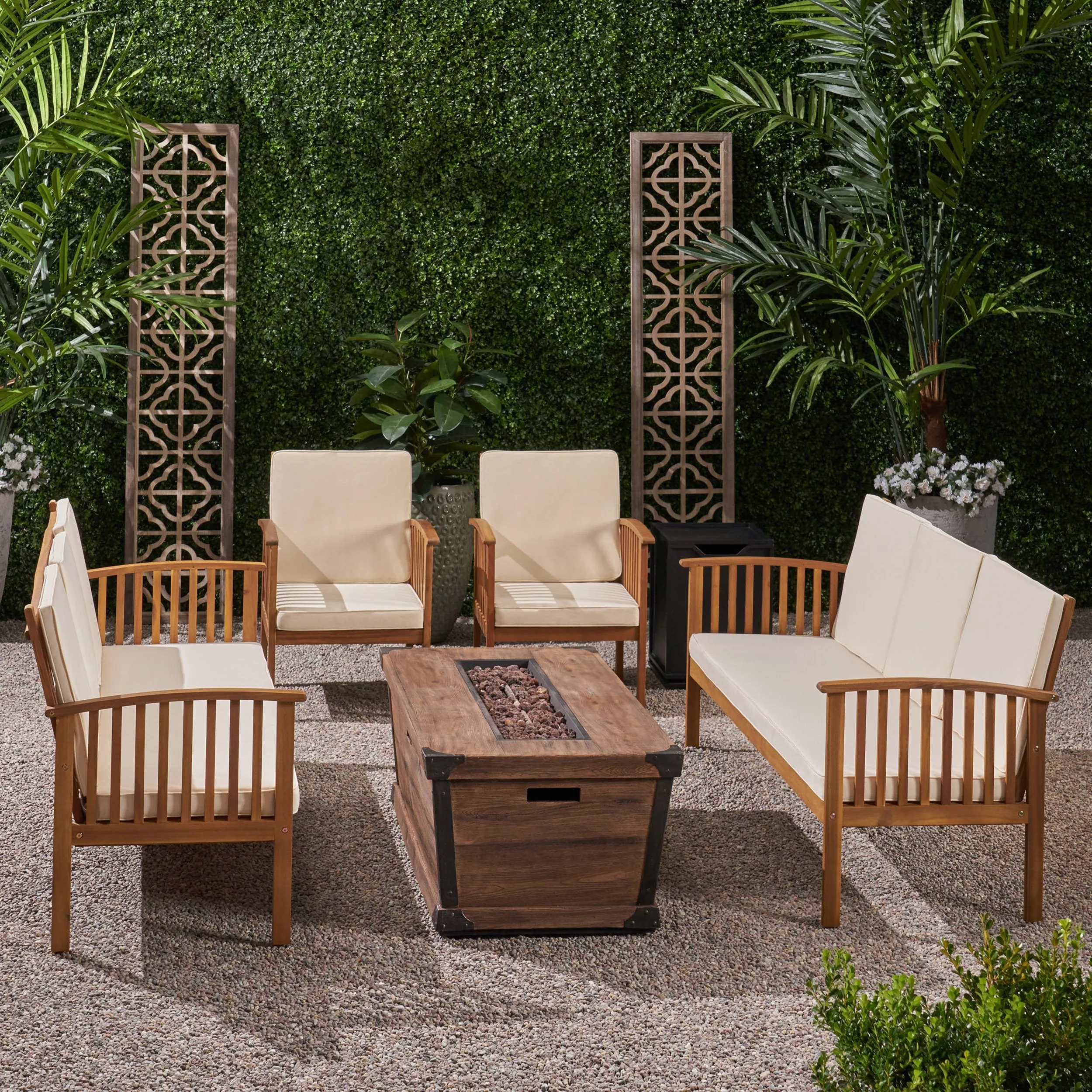 Outdoor 4 Piece Acacia Wood Conversational Sofa Set with Cushions and Fire Pit - NH328703