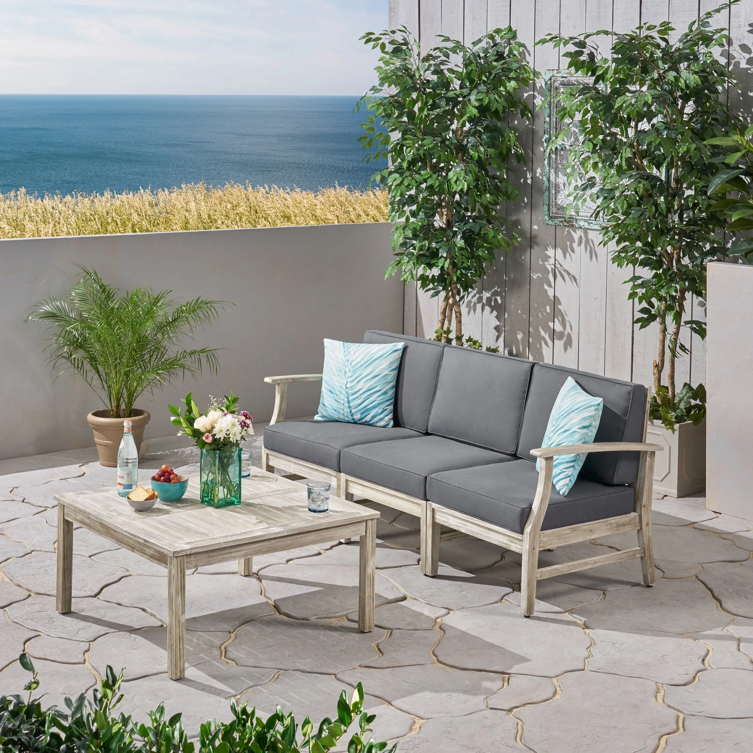 Outdoor 4 Piece Acacia Wood Sofa and Coffee Table Set - NH813803