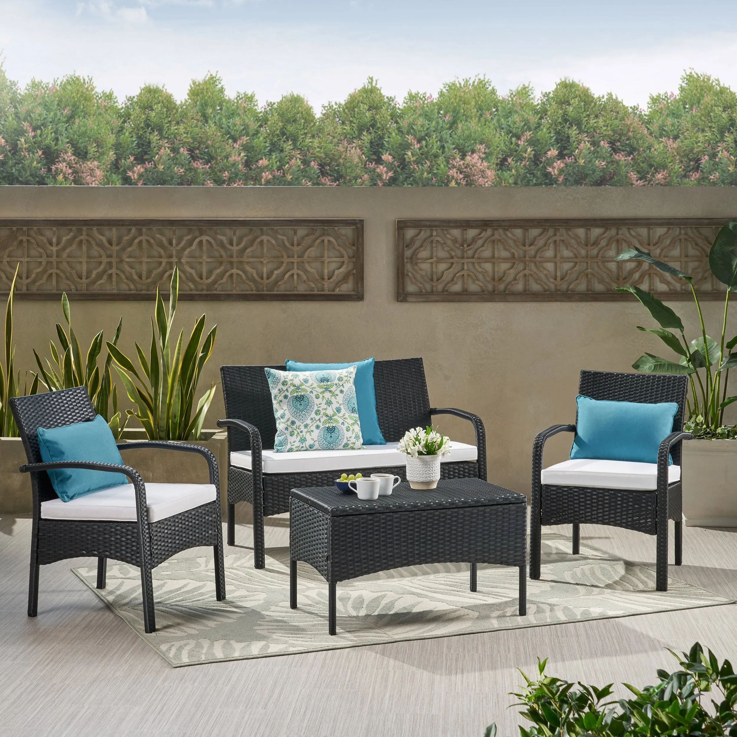 Outdoor 4 Piece Black Wicker Chat Set with White Water Resistant Cushions - NH303303 cushion cover, soft furnishing