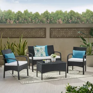 Outdoor 4 Piece Black Wicker Chat Set with White Water Resistant Cushions - NH303303 cushion cover, soft furnishing