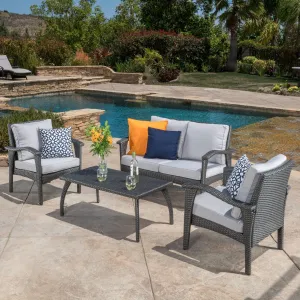 Outdoor 4 Piece Gray Wicker Chat Set with Cushions - NH687532 cushion cover, soft furnishing