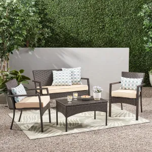 Outdoor 4 Piece Multi-brown Wicker Chat Set with Dark Cream Water Resistant Fabric Cushions - NH967992 patio chairs, outdoor seating