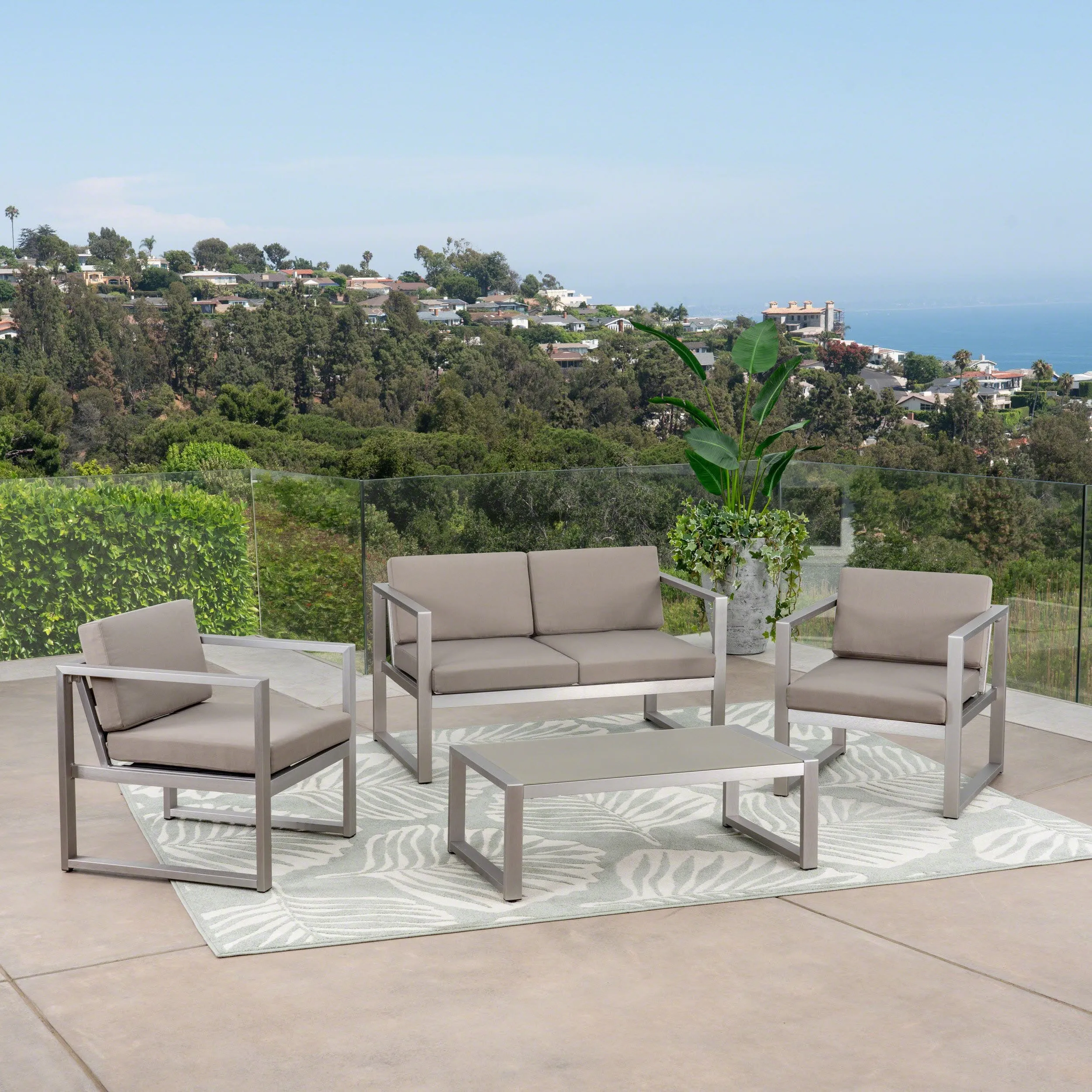 Outdoor 4 Piece Silver Rust-Proof Aluminum Chat Set with Khaki Water Resistant Cushions - NH652403 cushion cover, soft furnishing