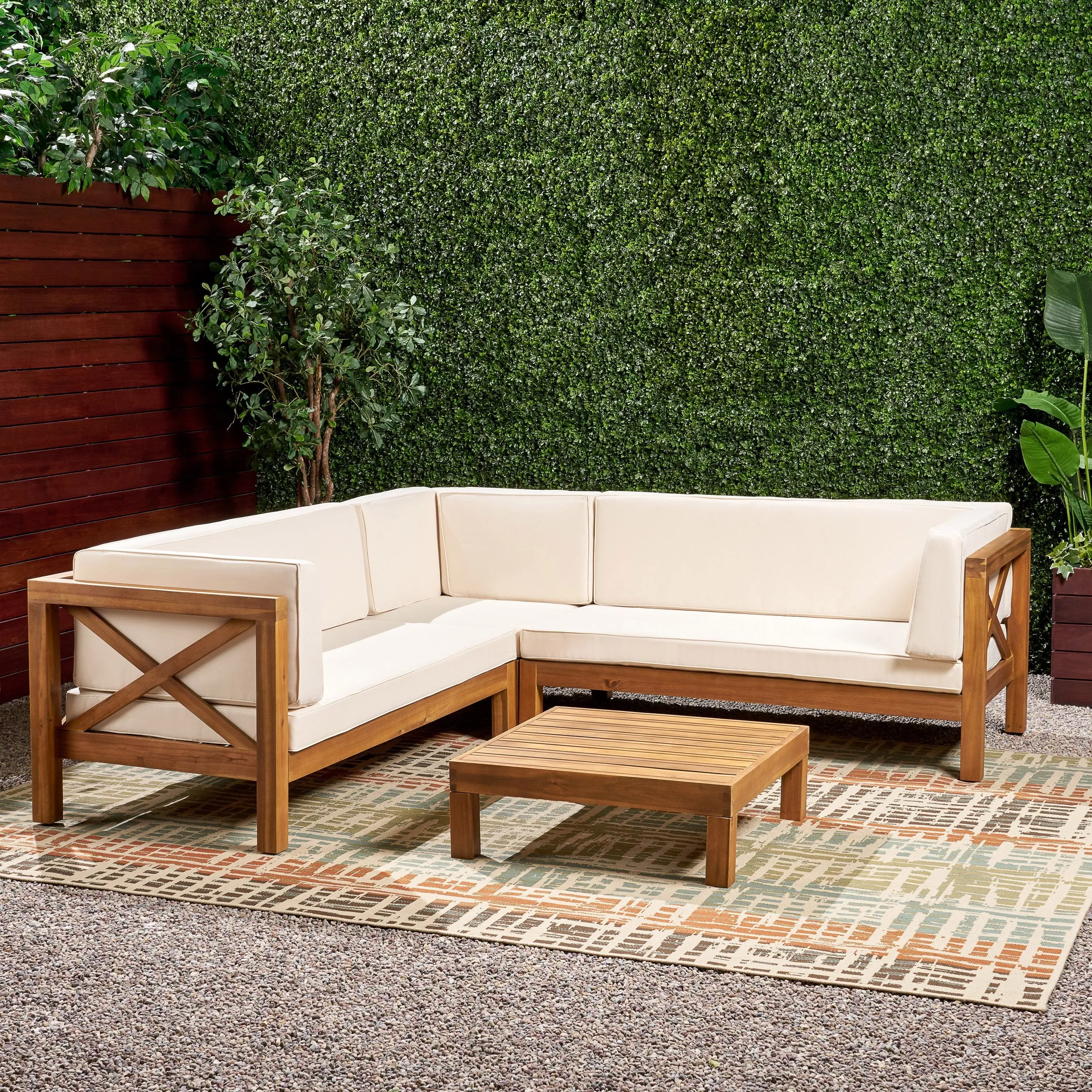 Outdoor 4 Piece V-Shaped Acacia Wood Sectional Sofa and Coffee Table Set - NH121992