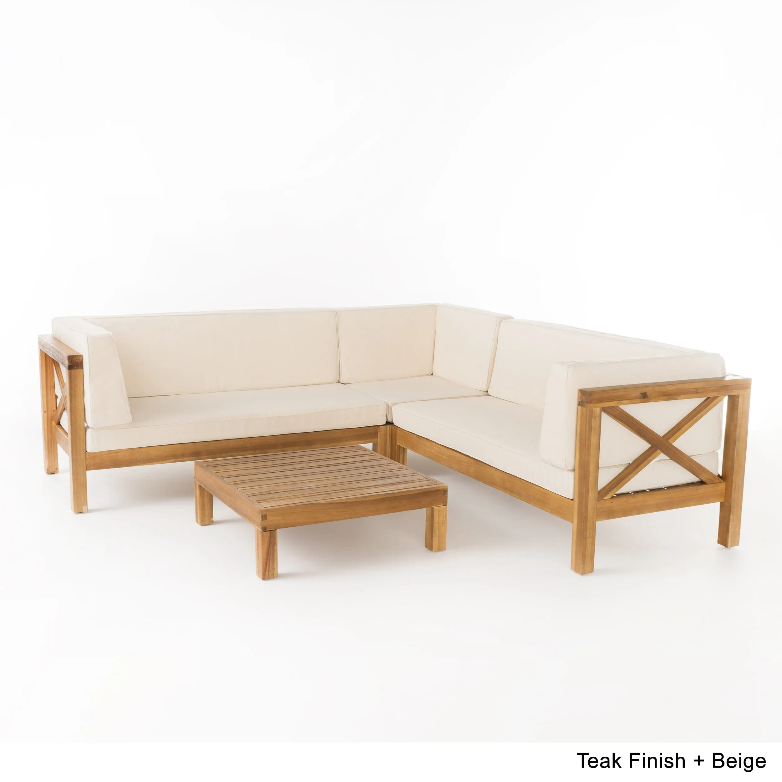 Outdoor 4 Piece V-Shaped Acacia Wood Sectional Sofa and Coffee Table Set - NH121992