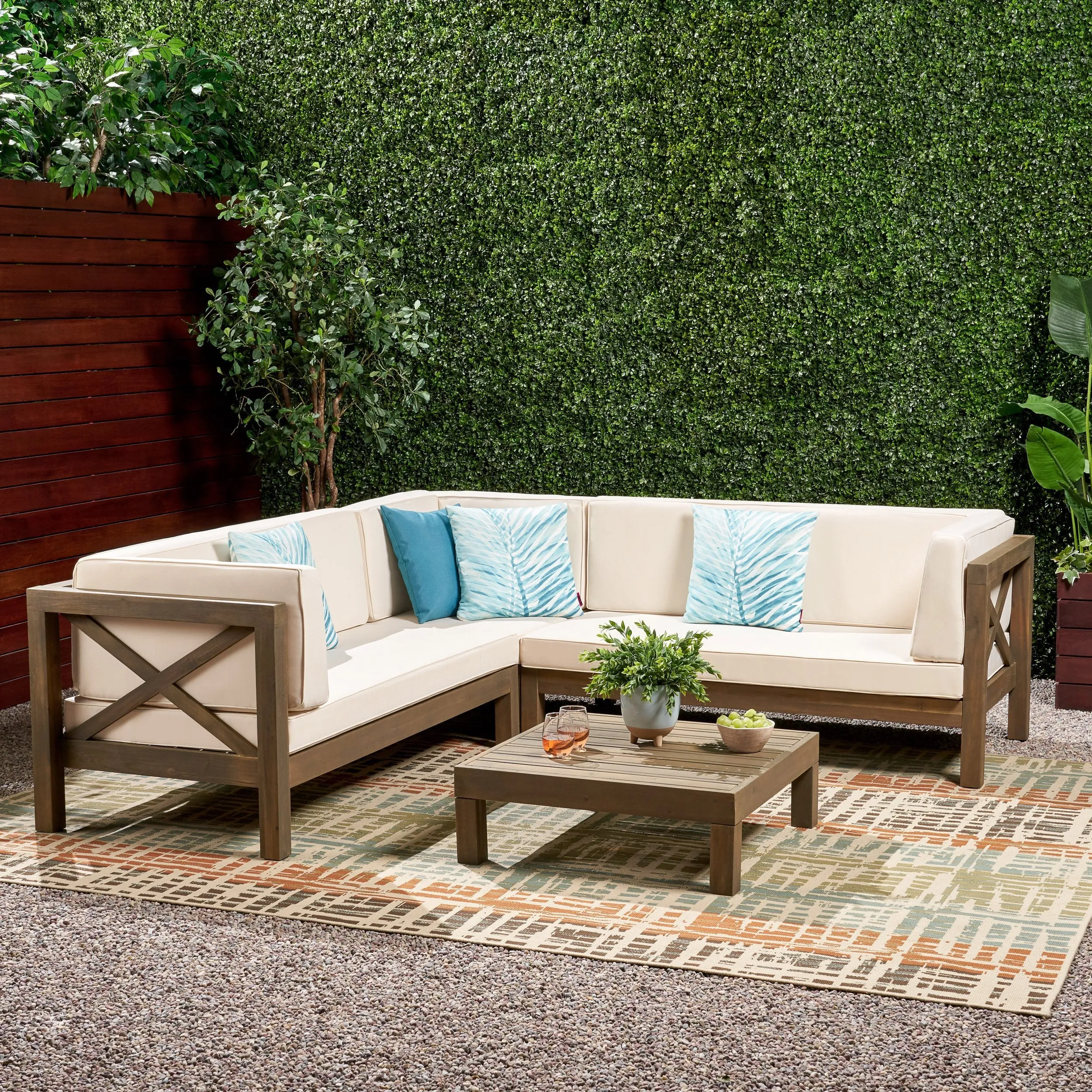 Outdoor 4 Piece V-Shaped Acacia Wood Sectional Sofa and Coffee Table Set - NH121992