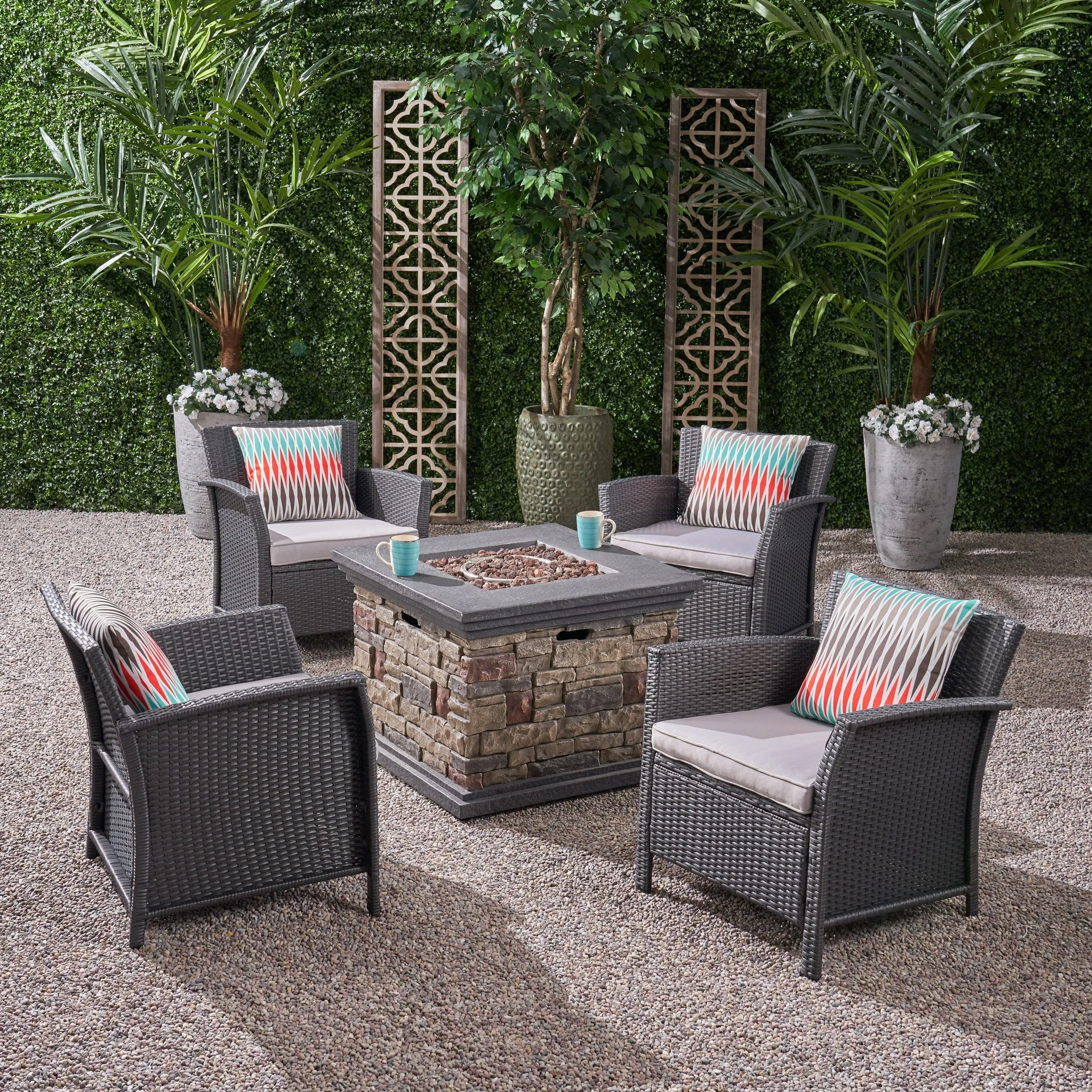 Outdoor 4 Piece Wicker Club Chair Chat Set with Fire Pit - NH474503