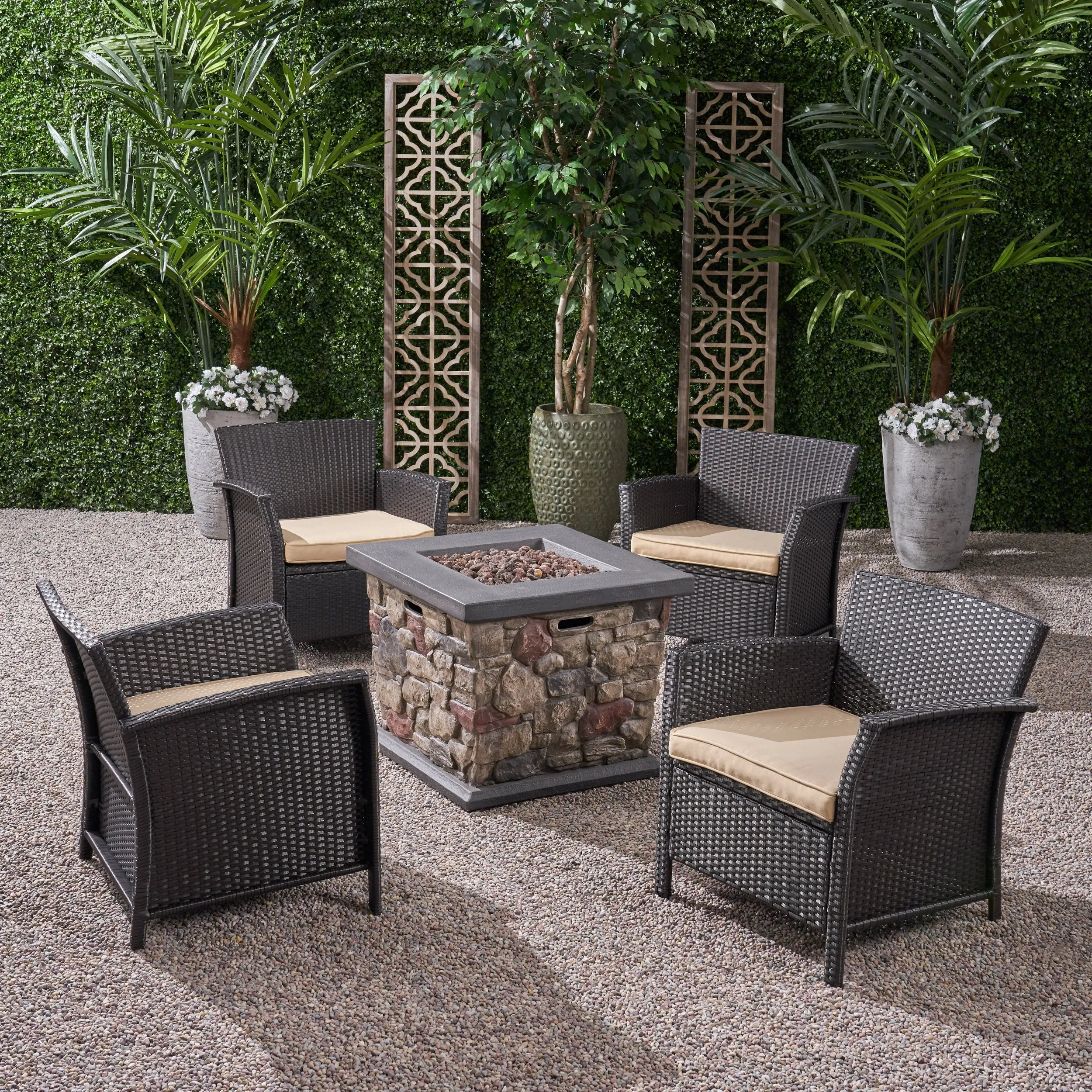 Outdoor 4 Piece Wicker Club Chair Chat Set with Stone Finished Fire Pit - NH234503