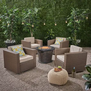 Outdoor 4 Piece Wicker Swivel Chair Set with Fire Pit, Brown and Brown - NH708703 clothes rack, garment rack