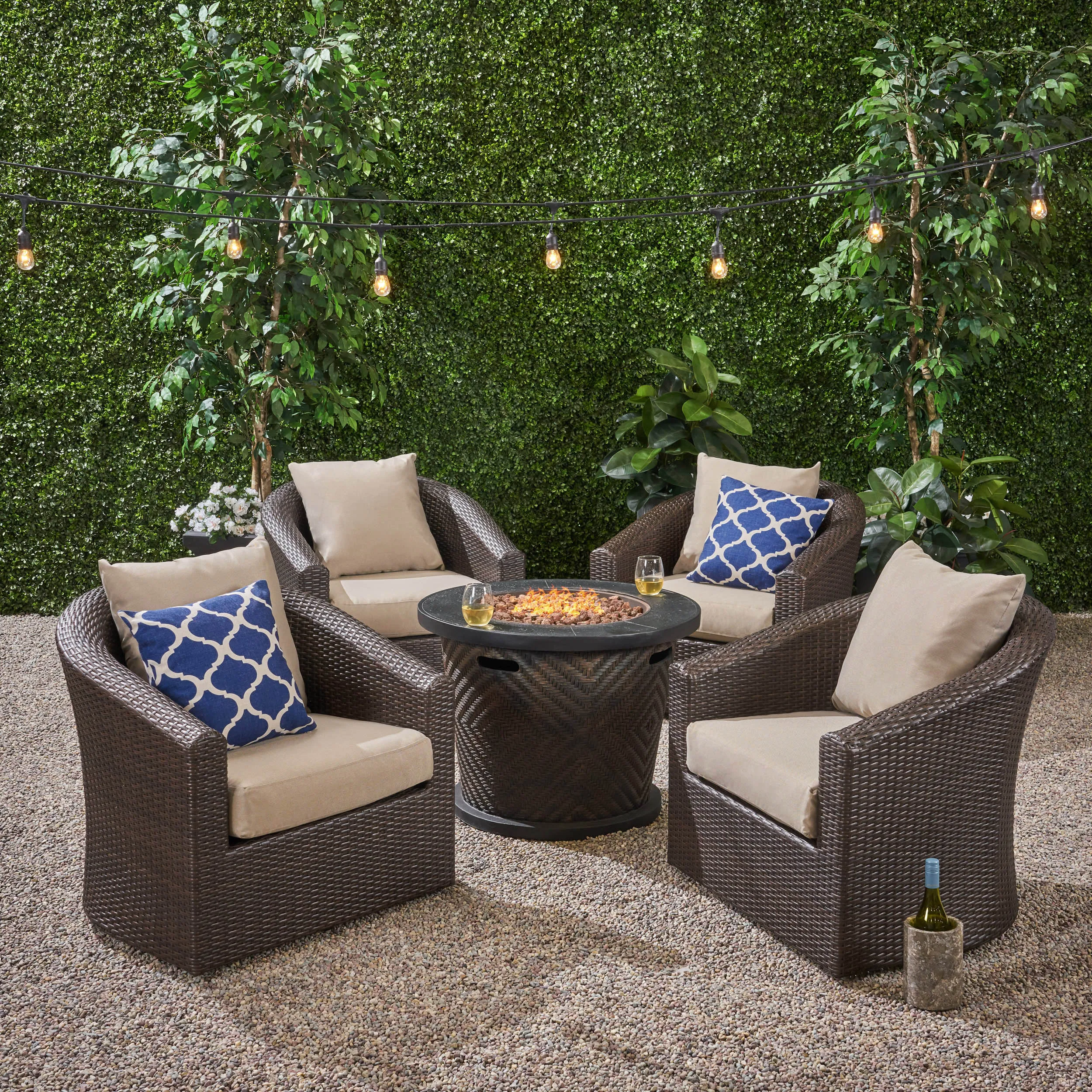 Outdoor 4 Piece Wicker Swivel Chair Set with Fire Pit, Multi Brown and Brown - NH608703 patio chairs, outdoor seating