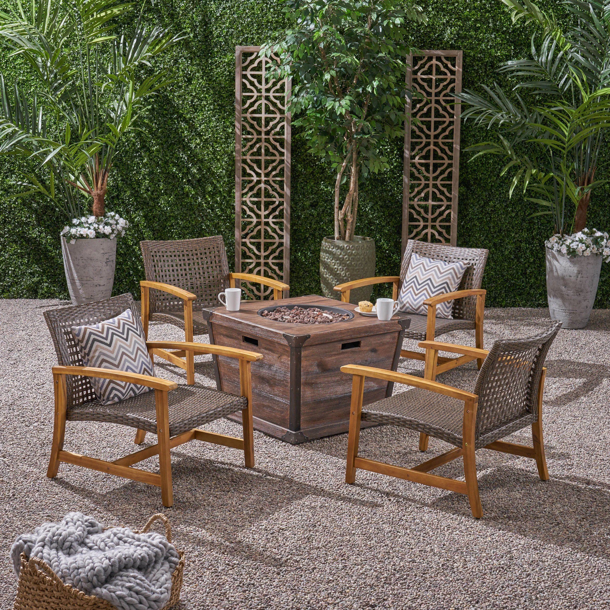 Outdoor 4 Piece Wood and Wicker Club Chair Set with Fire Pit - NH818703 clothes rack, garment rack