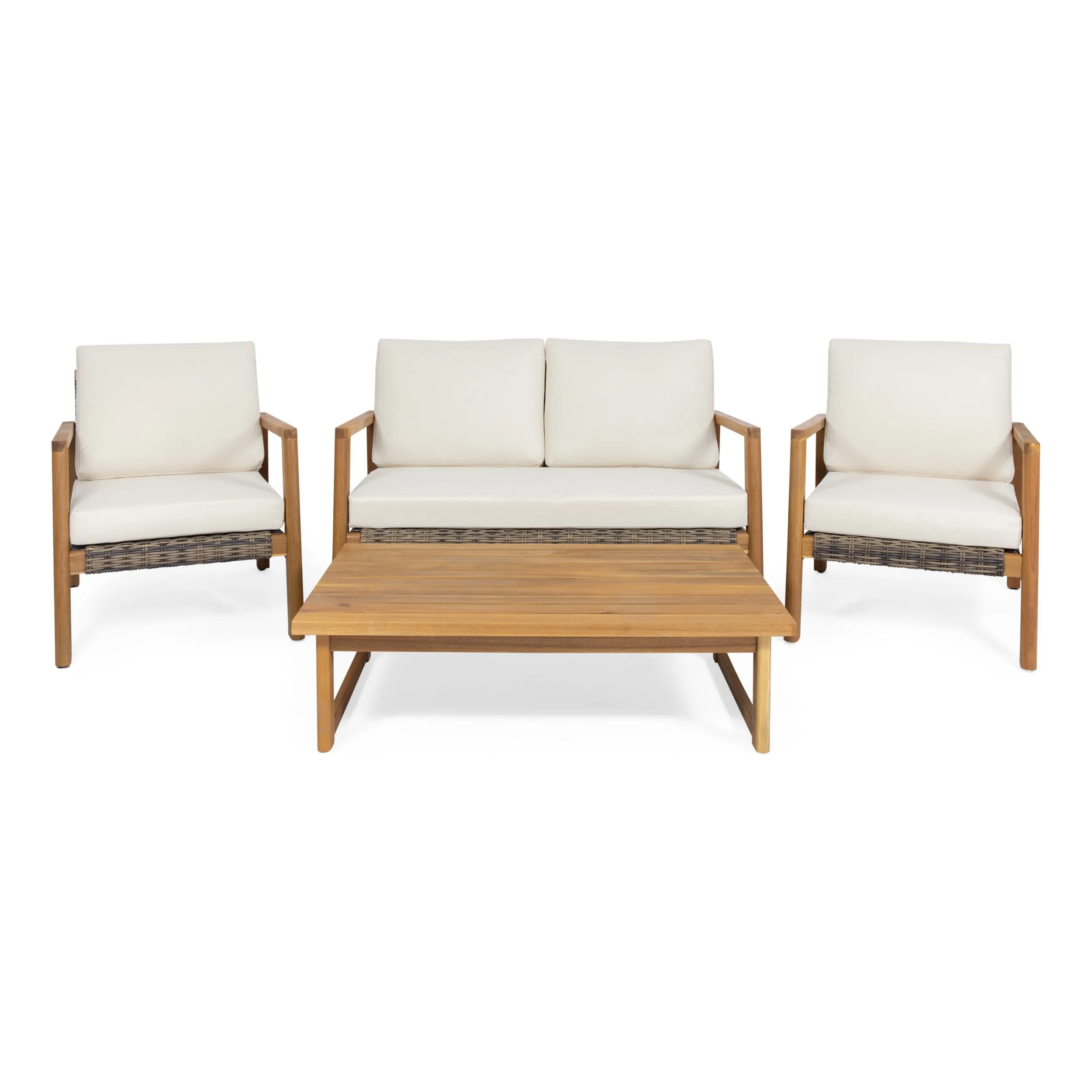Outdoor 4 Seater Acacia Wood Chat Set with Wicker Accents - NH669213