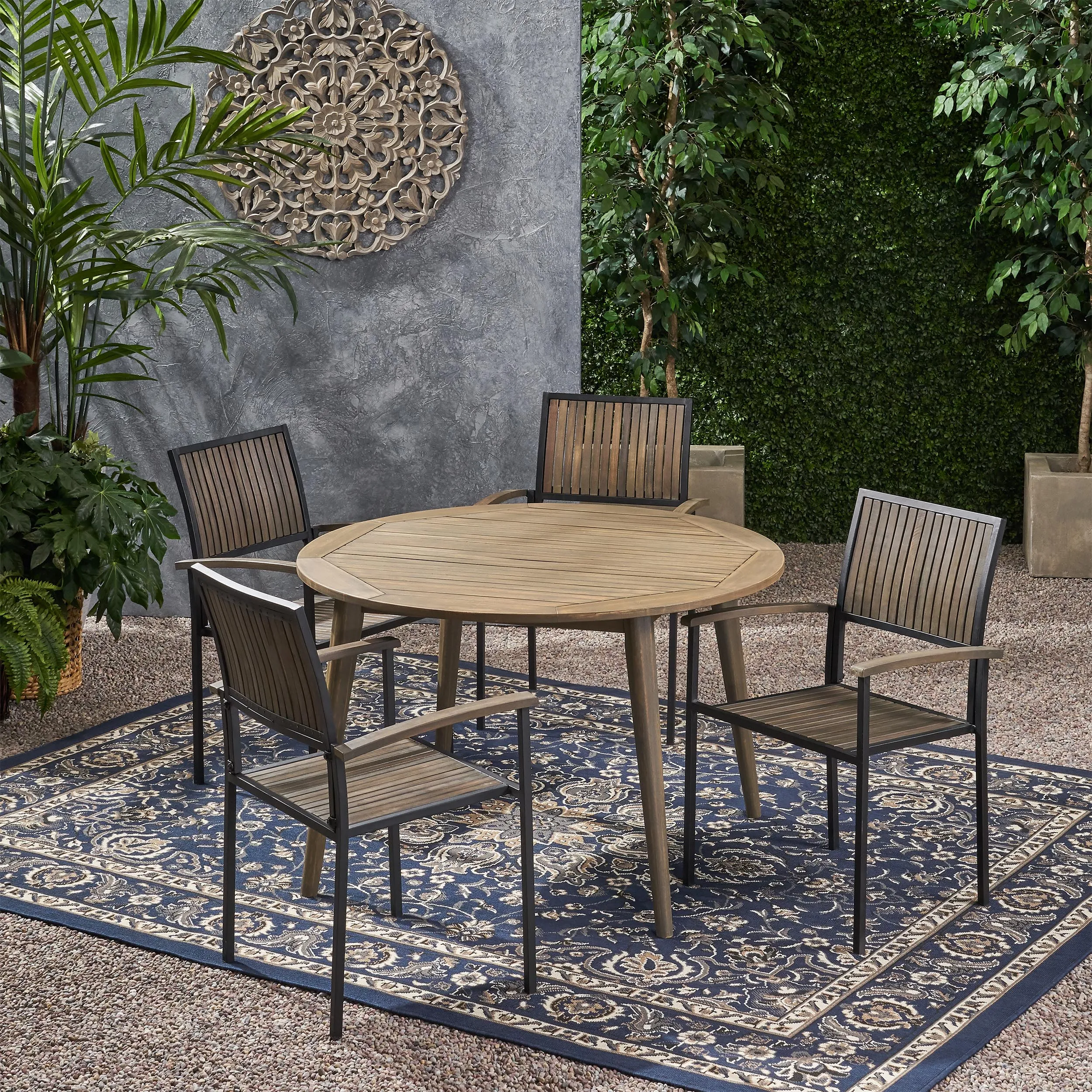 Outdoor 4 Seater Acacia Wood Circular Dining Set - NH717903