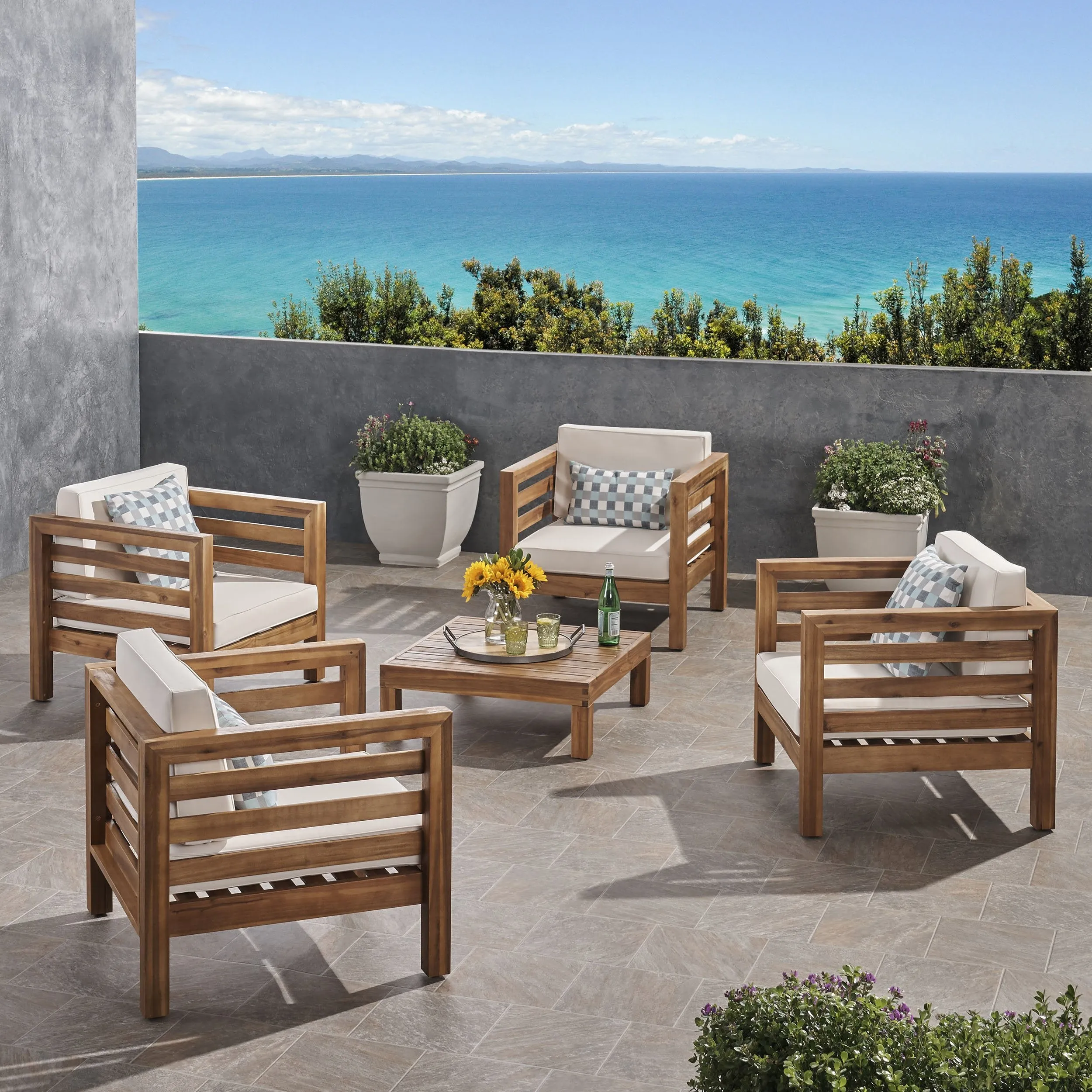 Outdoor 4 Seater Acacia Wood Club Chair and Coffee Table Set - NH944803