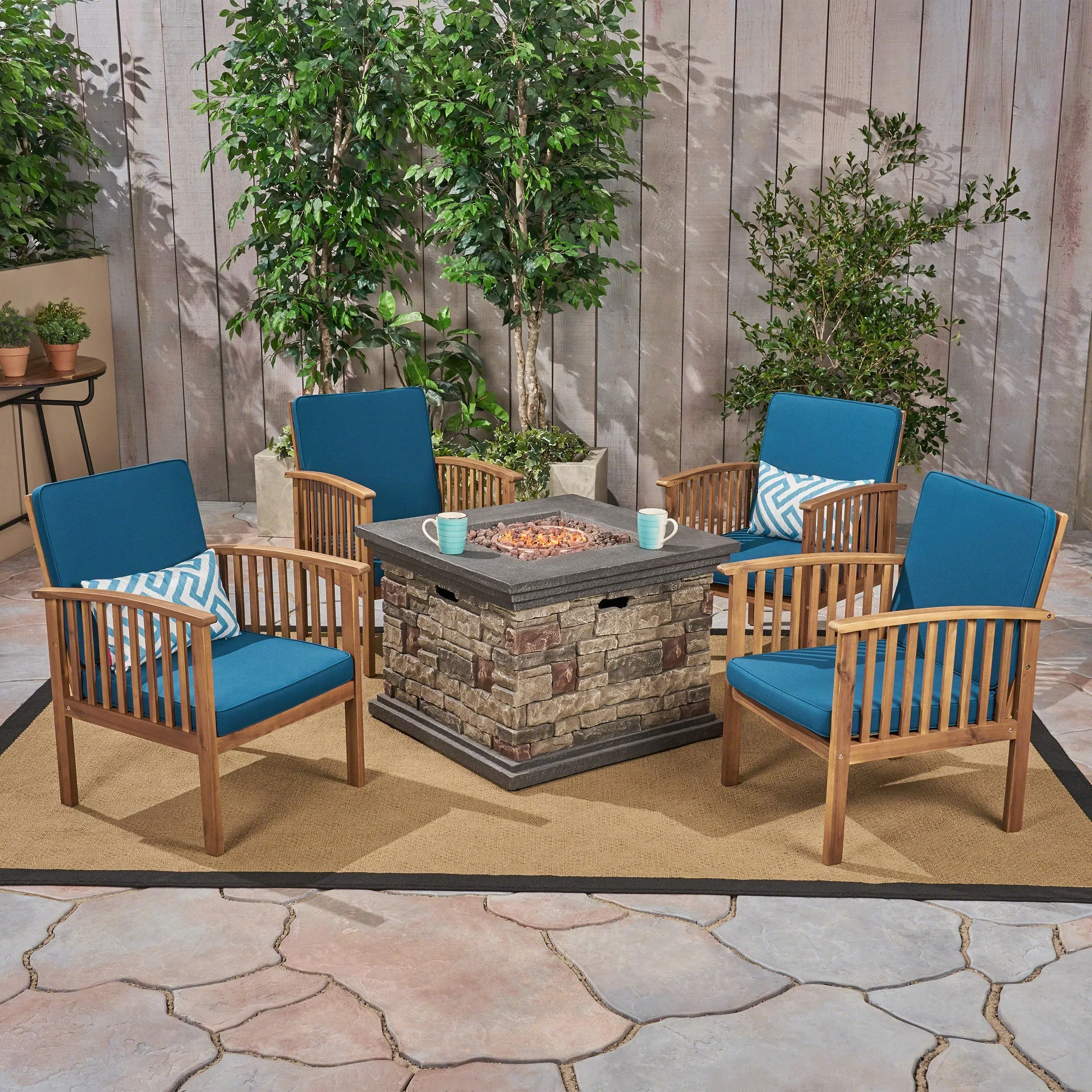 Outdoor 4-Seater Acacia Wood Club Chairs with Firepit, Brown Patina Finish and Cream and Stone - NH780603