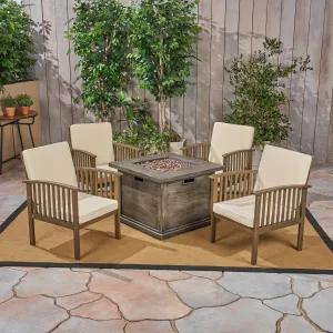 Outdoor 4-Seater Acacia Wood Club Chairs with Firepit, Gray Finish and Cream and Wood Pattern - NH290603 clothes rack, garment rack
