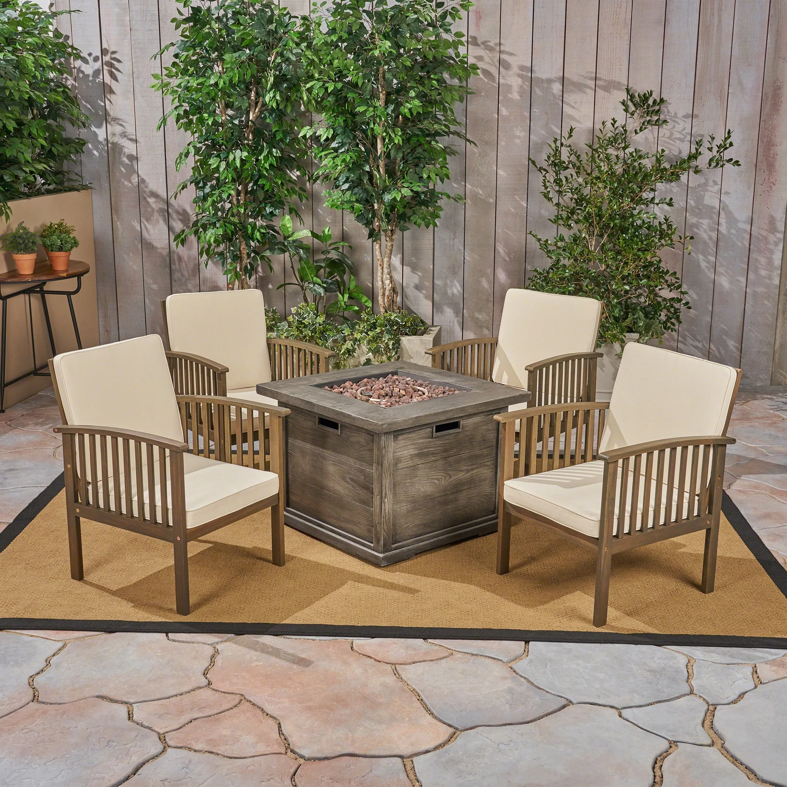 Outdoor 4-Seater Acacia Wood Club Chairs with Firepit, Gray Finish and Cream and Wood Pattern - NH290603 clothes rack, garment rack