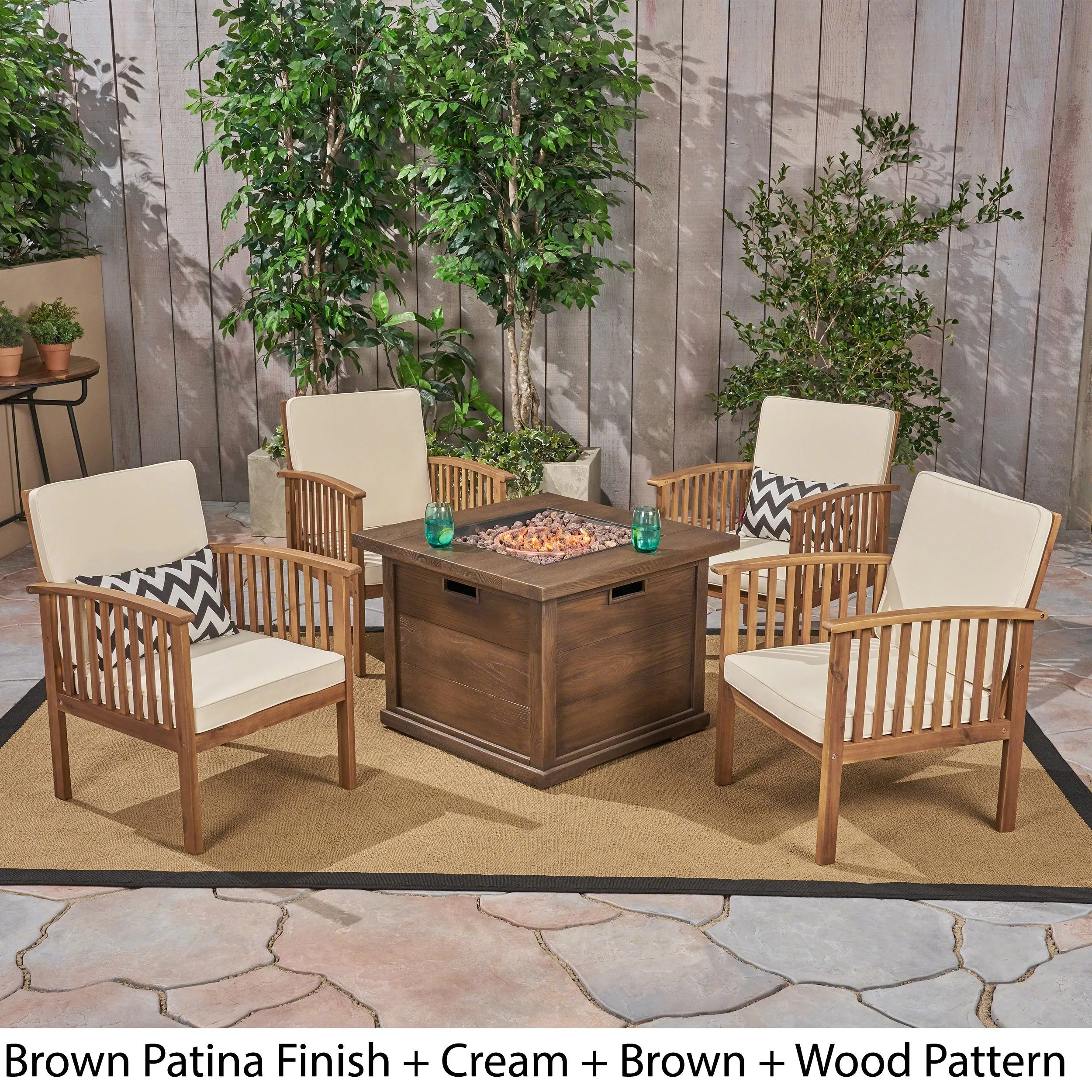 Outdoor 4-Seater Acacia Wood Club Chairs with Firepit - NH090603