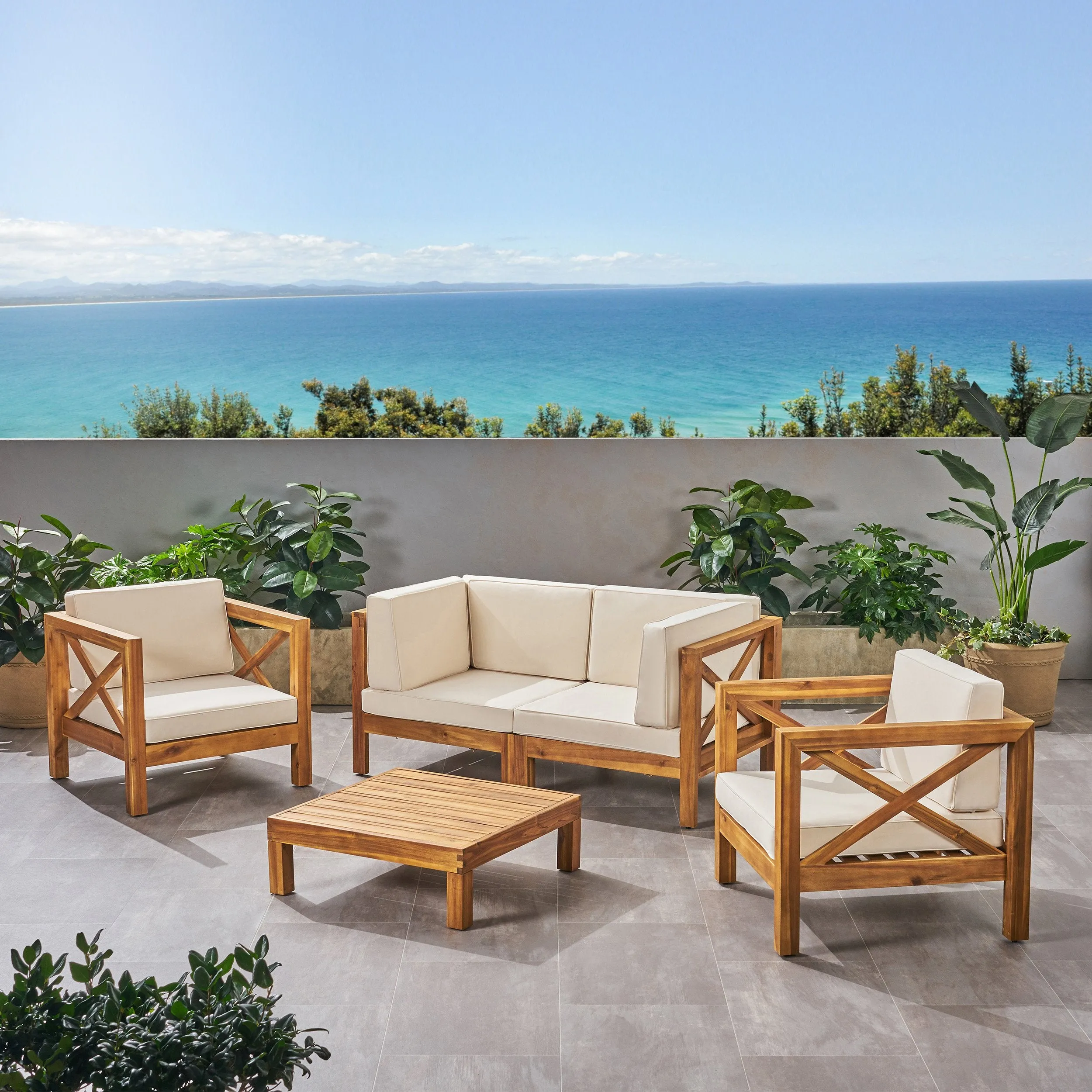 Outdoor 4 Seater Acacia Wood Loveseat Chat Set - NH504803