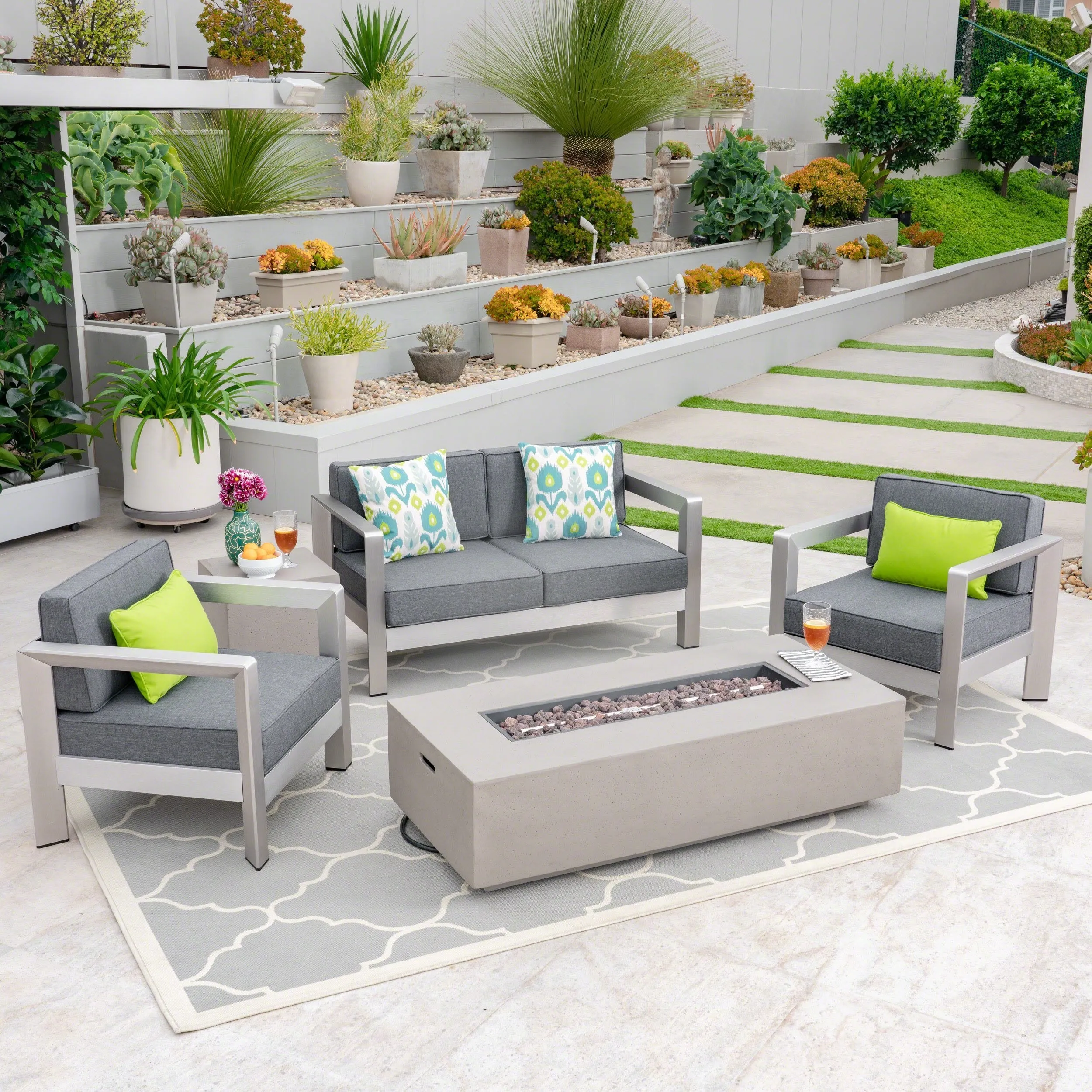 Outdoor 4-Seater Aluminum Chat Set with Fire Pit and Tank Holder - NH964603
