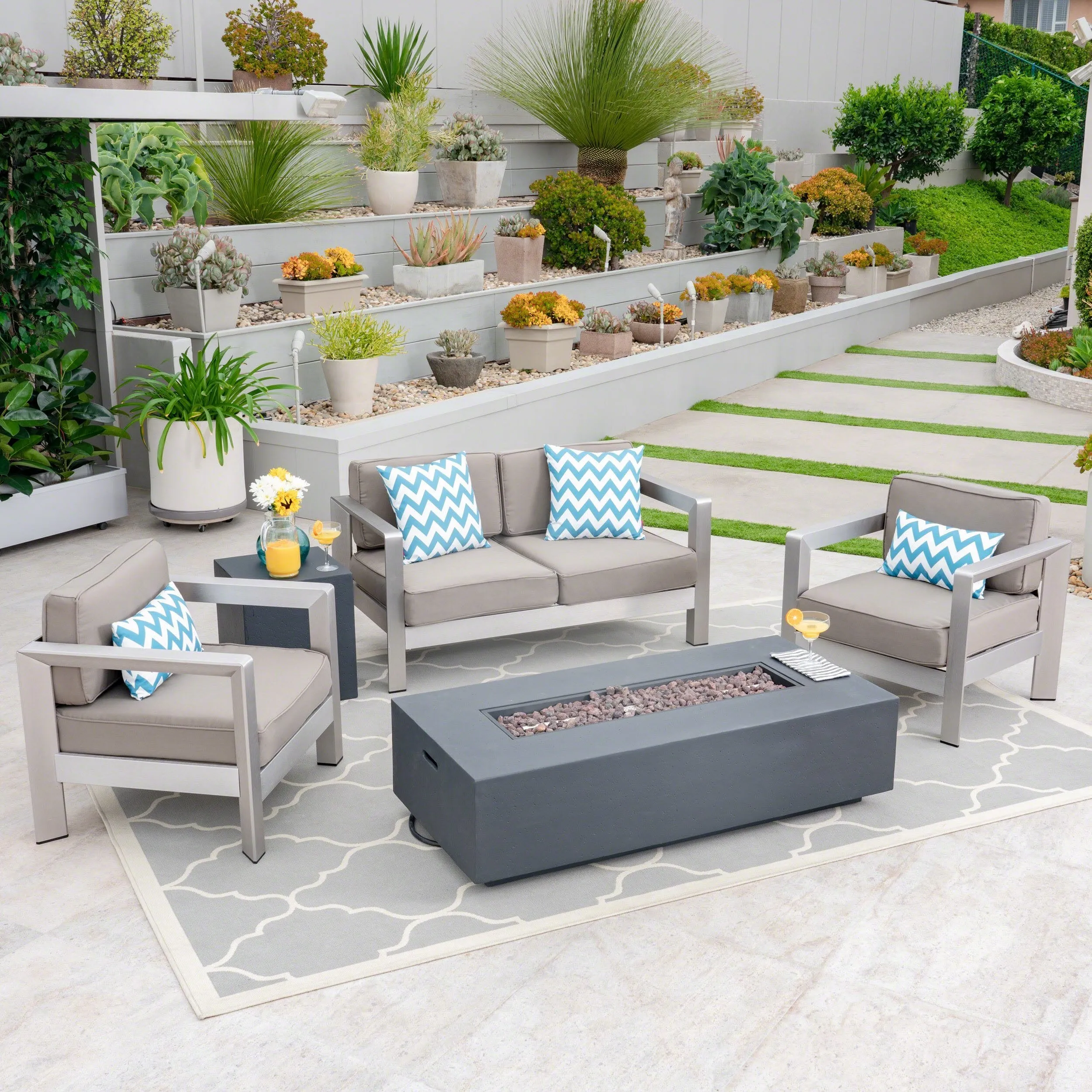 Outdoor 4-Seater Aluminum Chat Set with Fire Pit and Tank Holder - NH964603