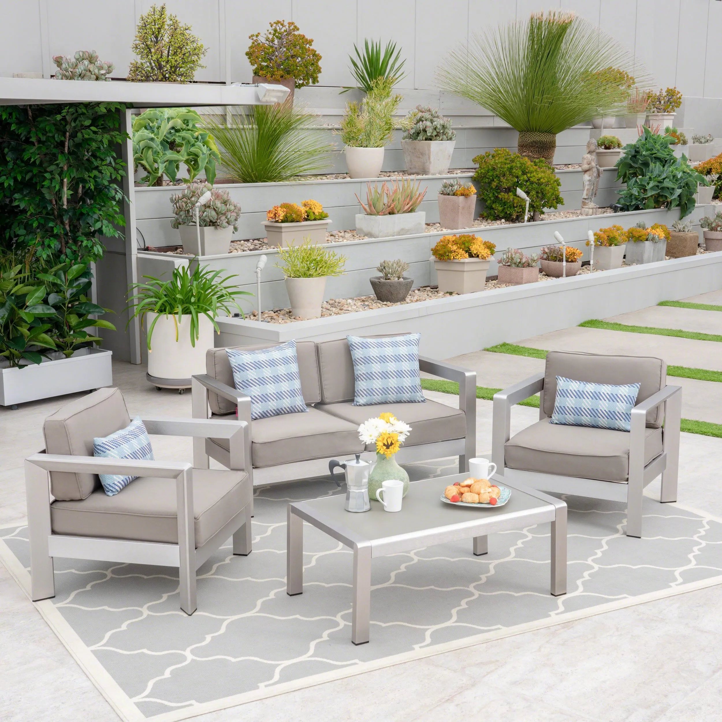 Outdoor 4-Seater Aluminum Chat Set with Tempered Glass-Topped Coffee Table - NH764603 clothes rack, garment rack
