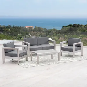 Outdoor 4-Seater Aluminum Chat Set with Tempered Glass-Topped Coffee Table, Silver and Gray - NH864603 cushion cover, soft furnishing