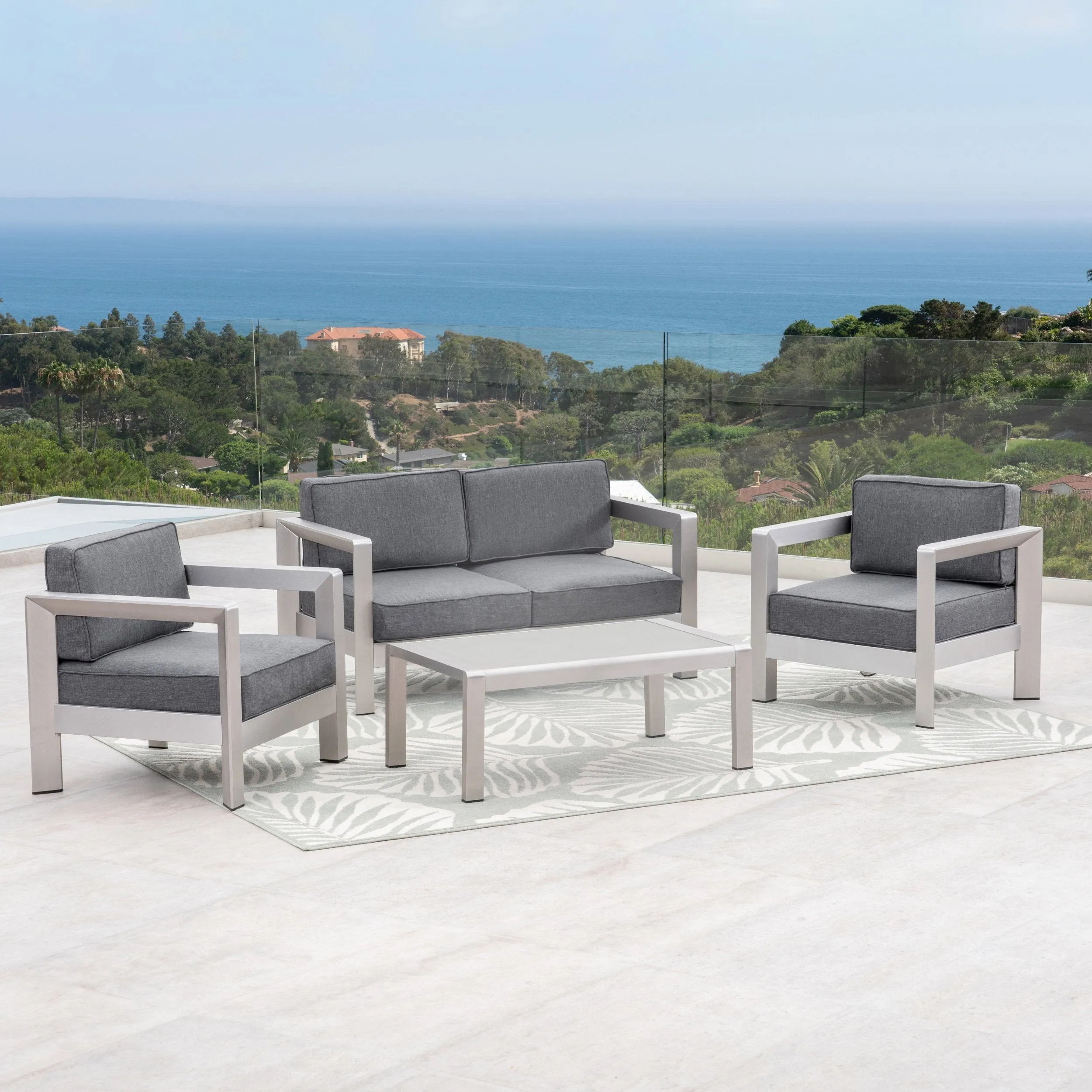Outdoor 4-Seater Aluminum Chat Set with Tempered Glass-Topped Coffee Table, Silver and Gray - NH864603 cushion cover, soft furnishing
