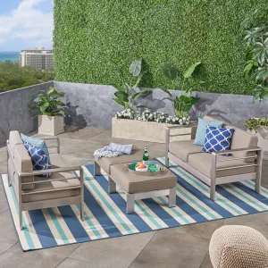 Outdoor 4-Seater Aluminum Loveseat and Ottoman Set, Silver and Khaki - NH543603 cushion cover, soft furnishing