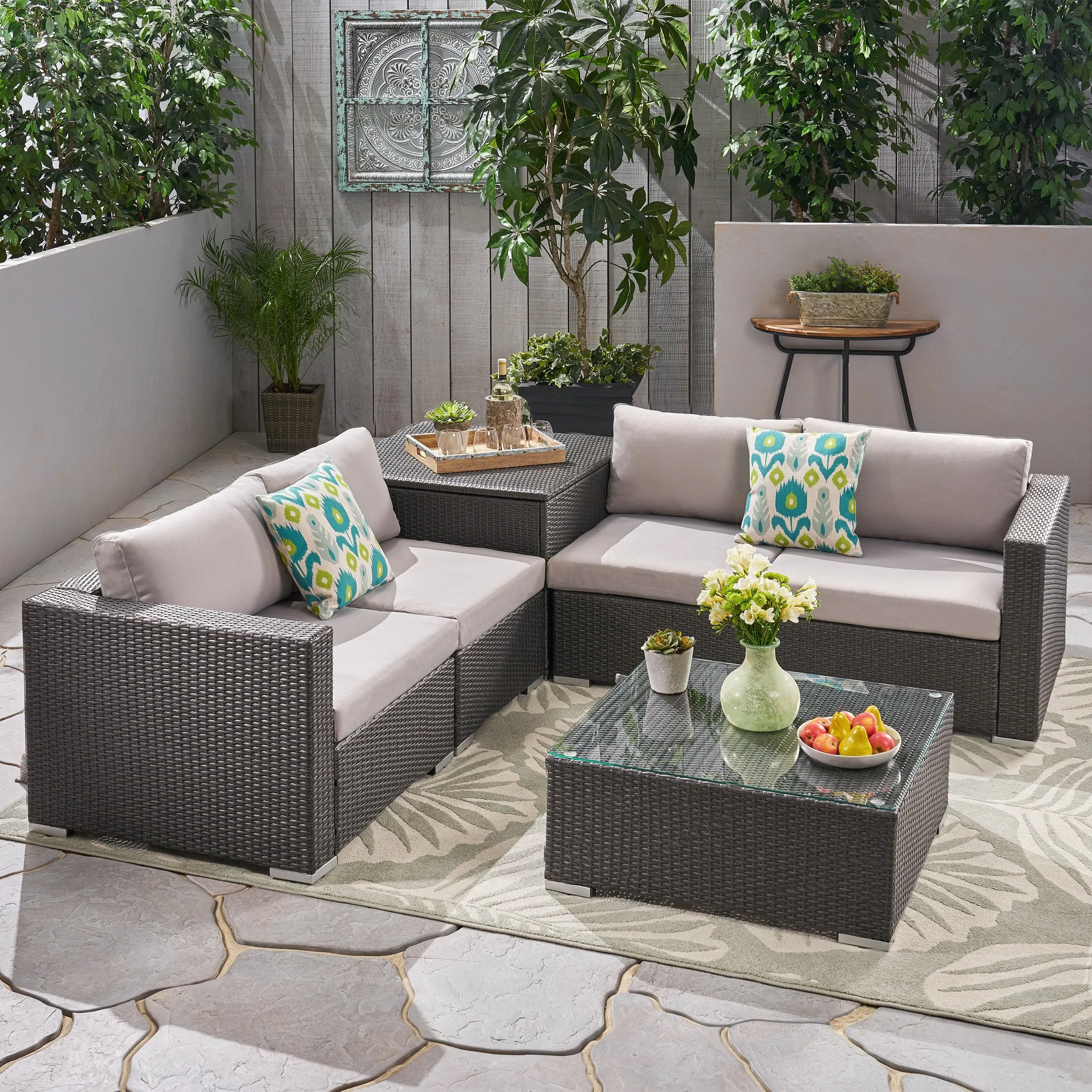 Outdoor 4-Seater Sectional Sofa Set with Coffee Table and Storage Ottoman - NH535703 patio chairs, outdoor seating