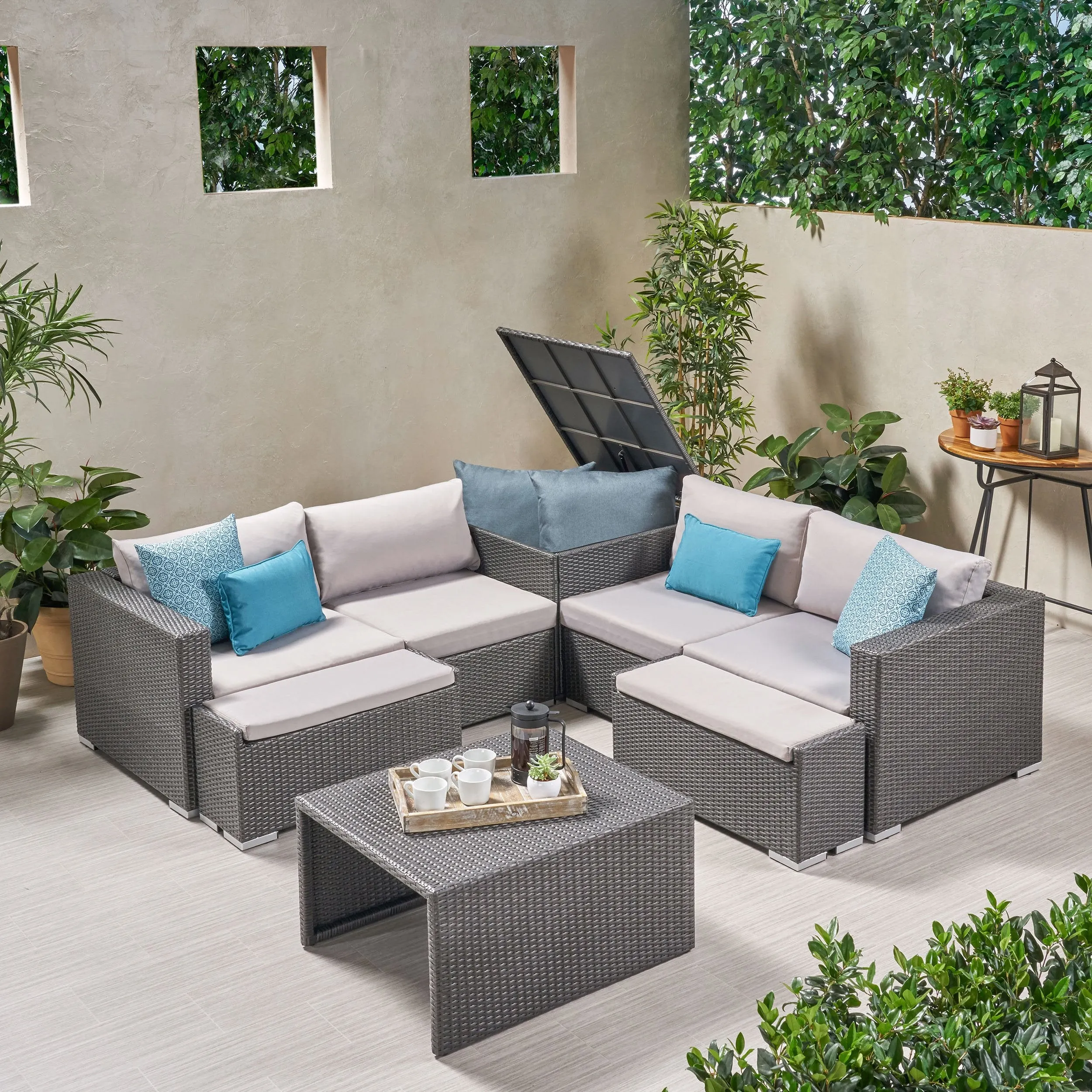 Outdoor 4 Seater V Shaped Storage Sectional Sofa Set with Ottomans - NH169903