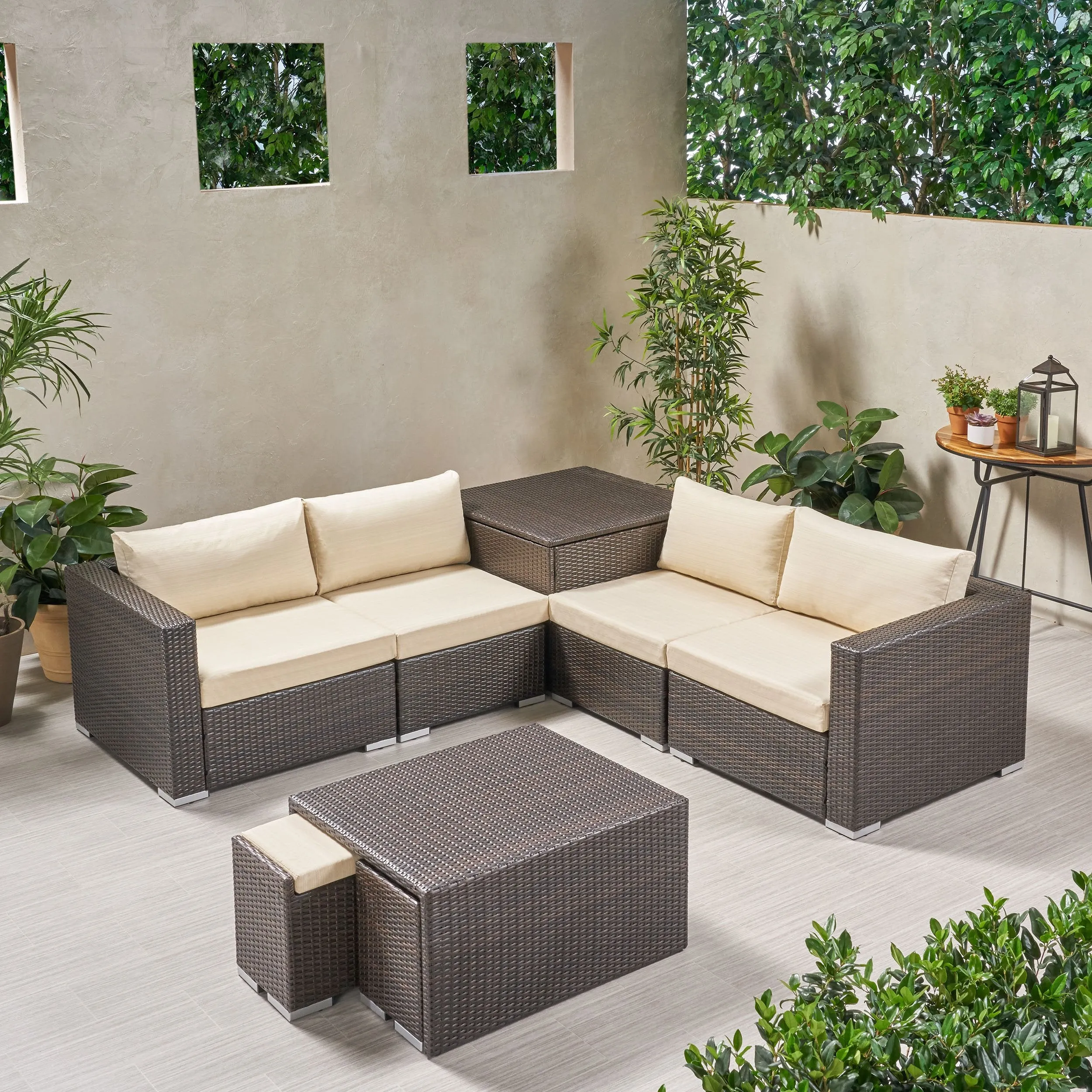 Outdoor 4 Seater V Shaped Storage Sectional Sofa Set with Ottomans - NH169903