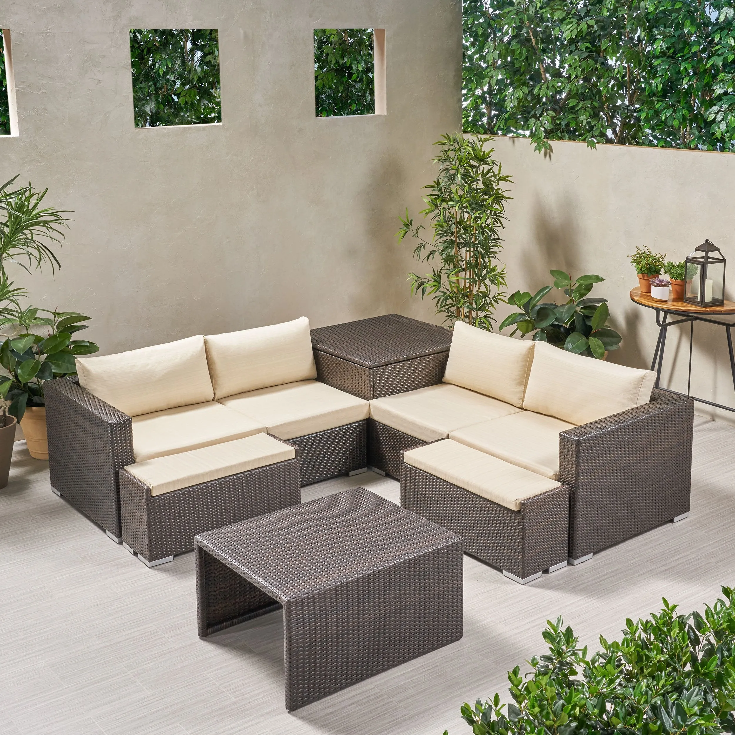 Outdoor 4 Seater V Shaped Storage Sectional Sofa Set with Ottomans - NH169903