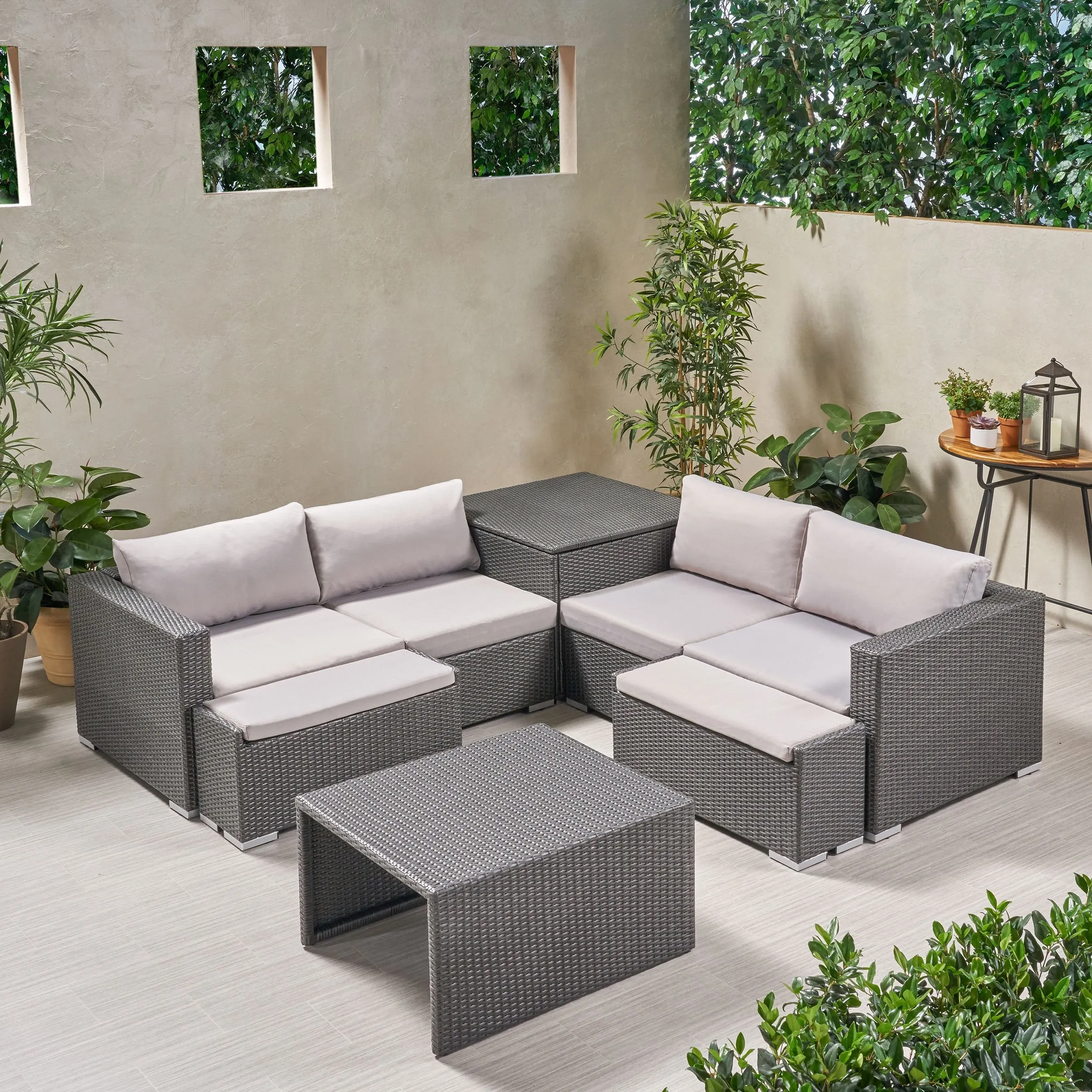 Outdoor 4 Seater V Shaped Storage Sectional Sofa Set with Ottomans - NH169903