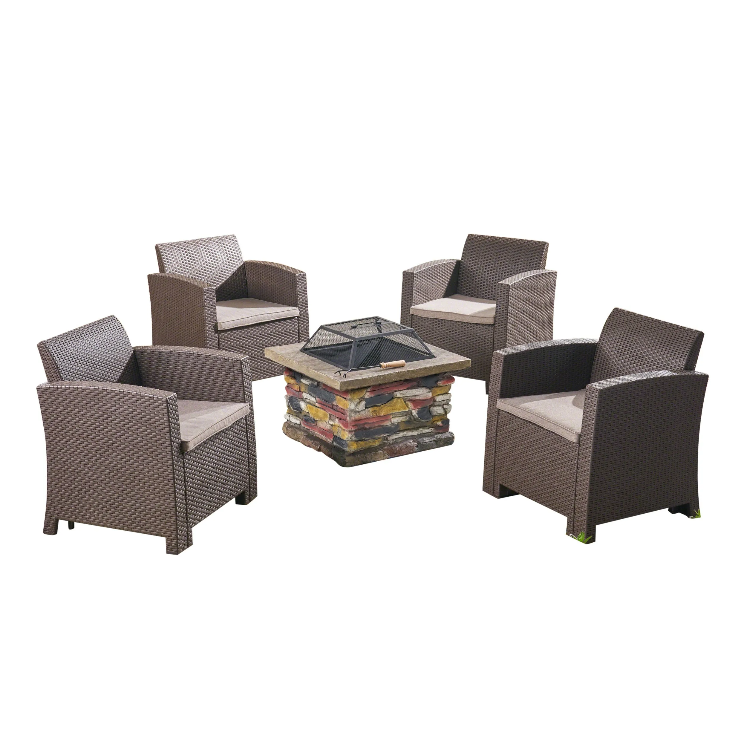 Outdoor 4-Seater Wicker Print Chat Set with Wood Burning Fire Pit, Brown and Mixed Beige and Natural Stone - NH398503 clothes rack, garment rack