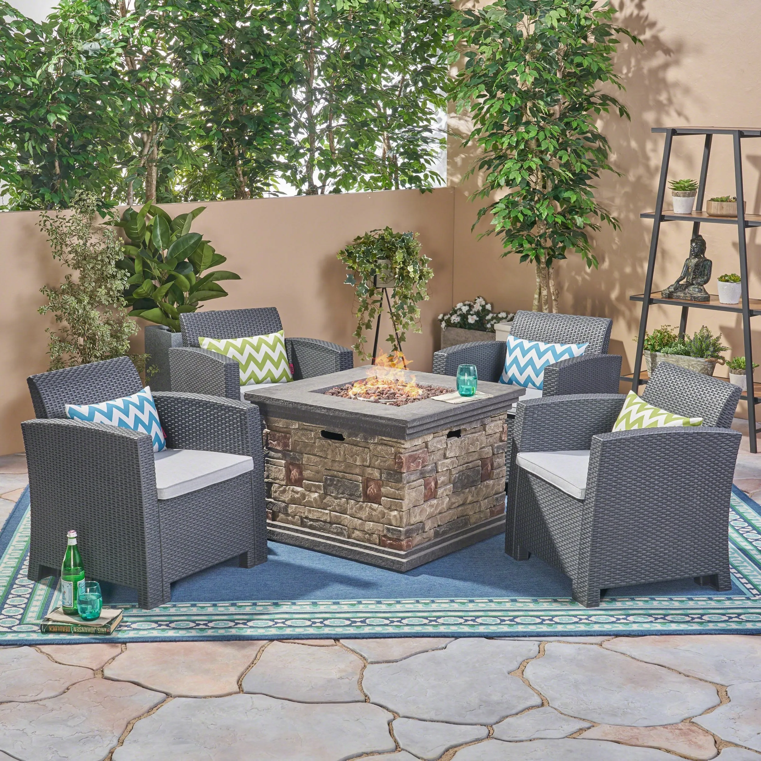 Outdoor 4-Seater Wicker Print Club Chair Chat Set with Fire Pit - NH513603