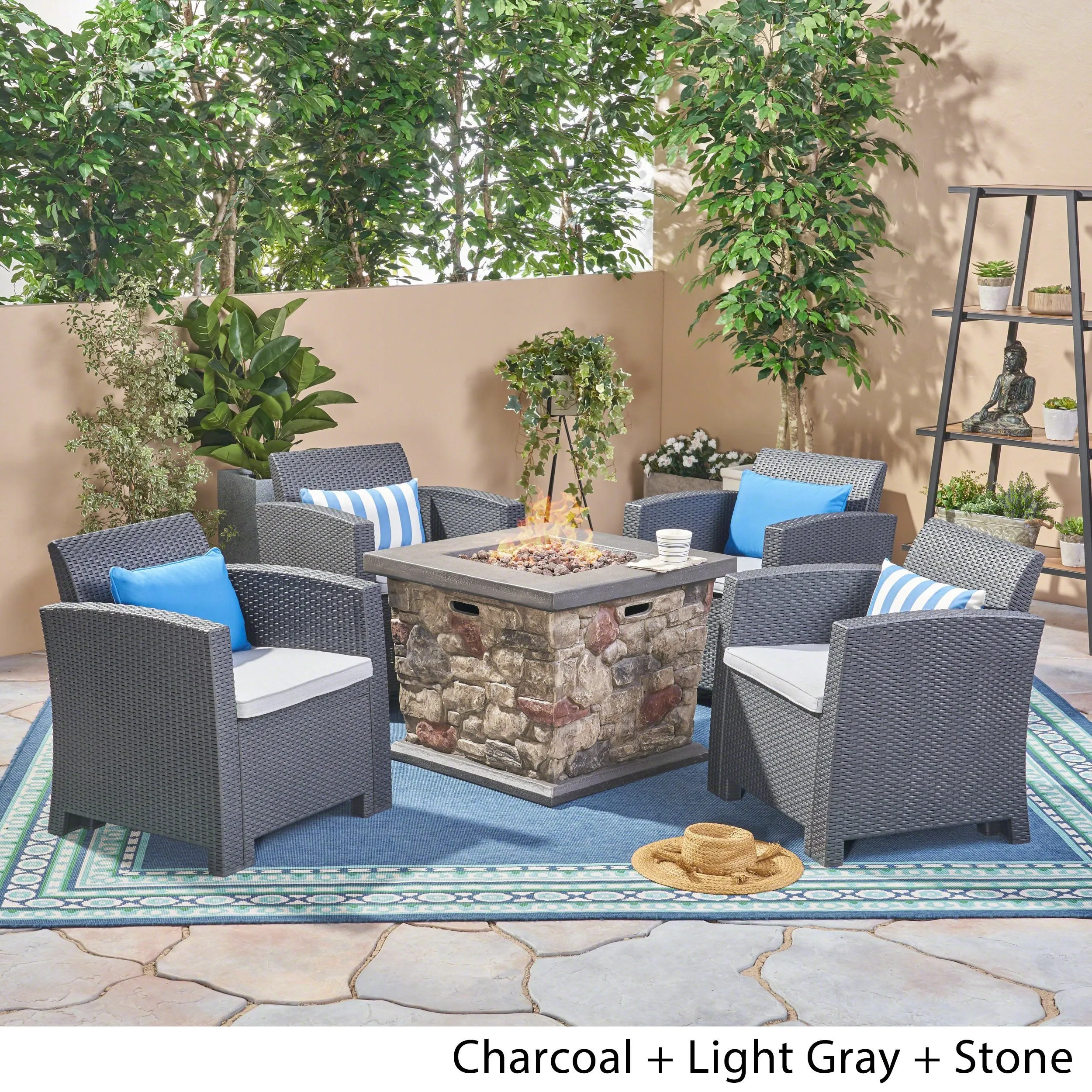 Outdoor 4-Seater Wicker Print Club Chair Chat Set With Fire Pit - NH823603