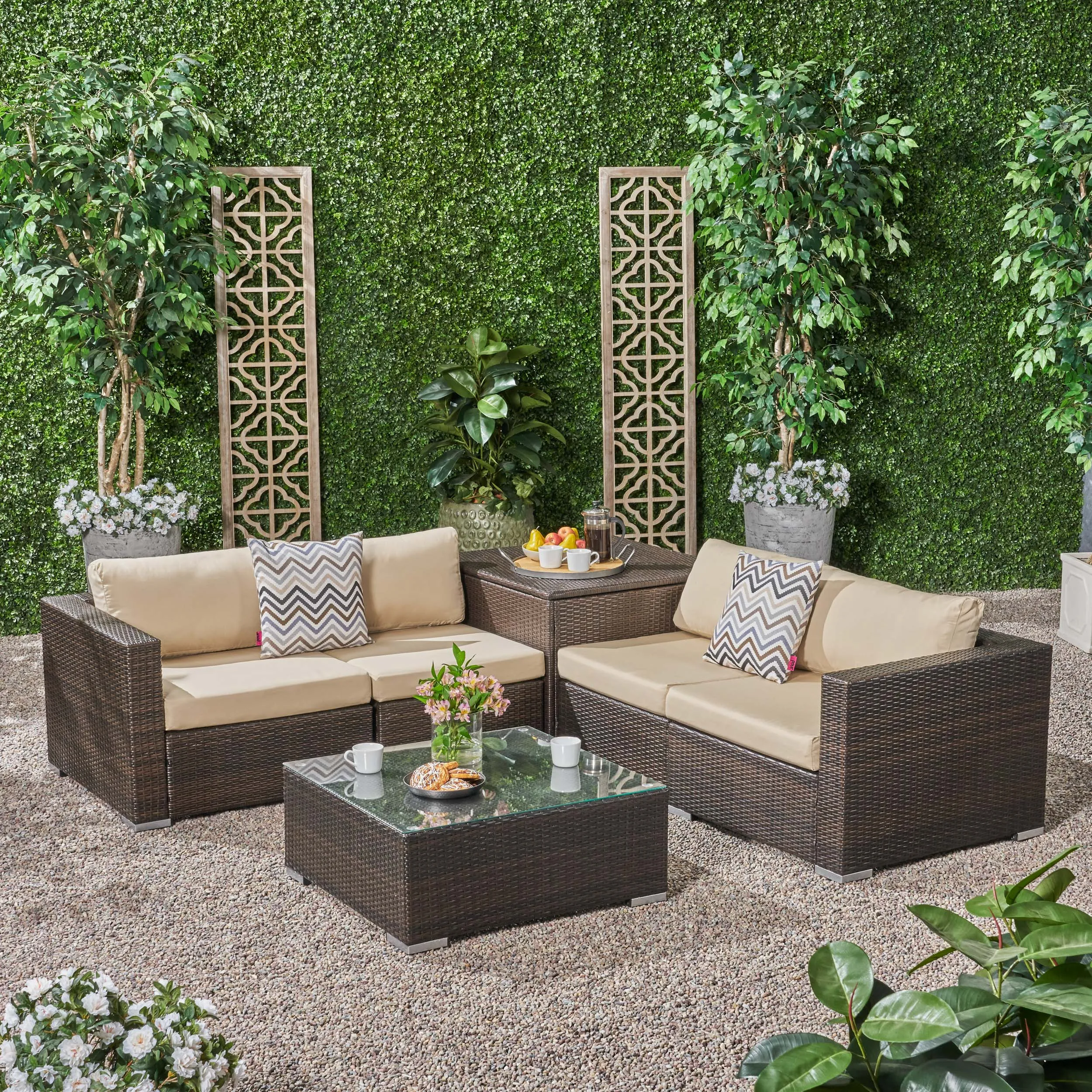 Outdoor 4 Seater Wicker Sofa Set with Storage Ottoman and Sunbrella Cushions - NH415803 serving bowl, serving dish