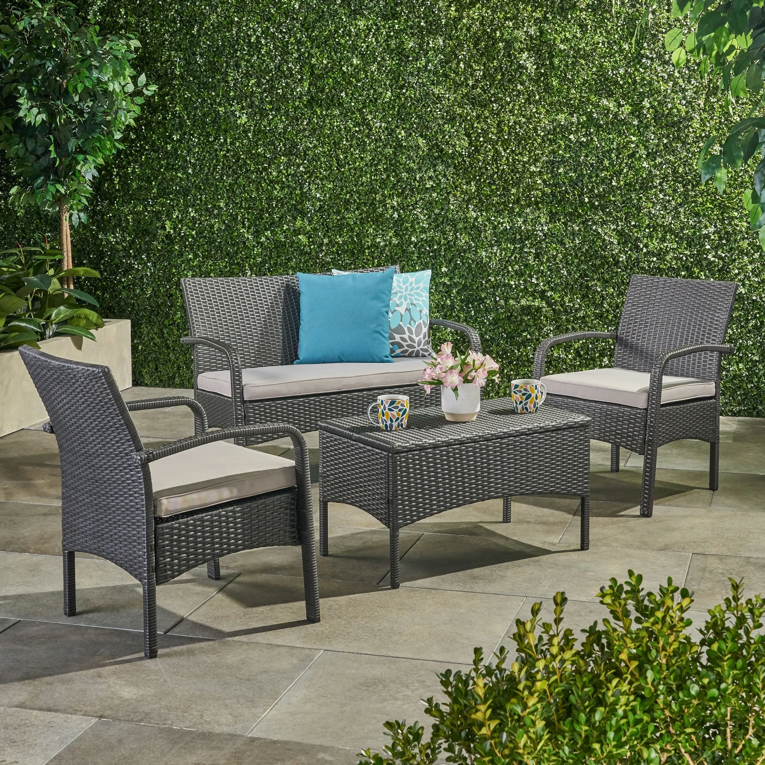 Outdoor 4Pc Wicker Chat Set w/ Water Resistant Cushions - NH711103 cushion cover, soft furnishing