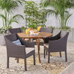 Outdoor 5 Piece Acacia Wood and Wicker Dining Set, Teak with Multi Brown Chairs - NH610503 patio chairs, outdoor seating