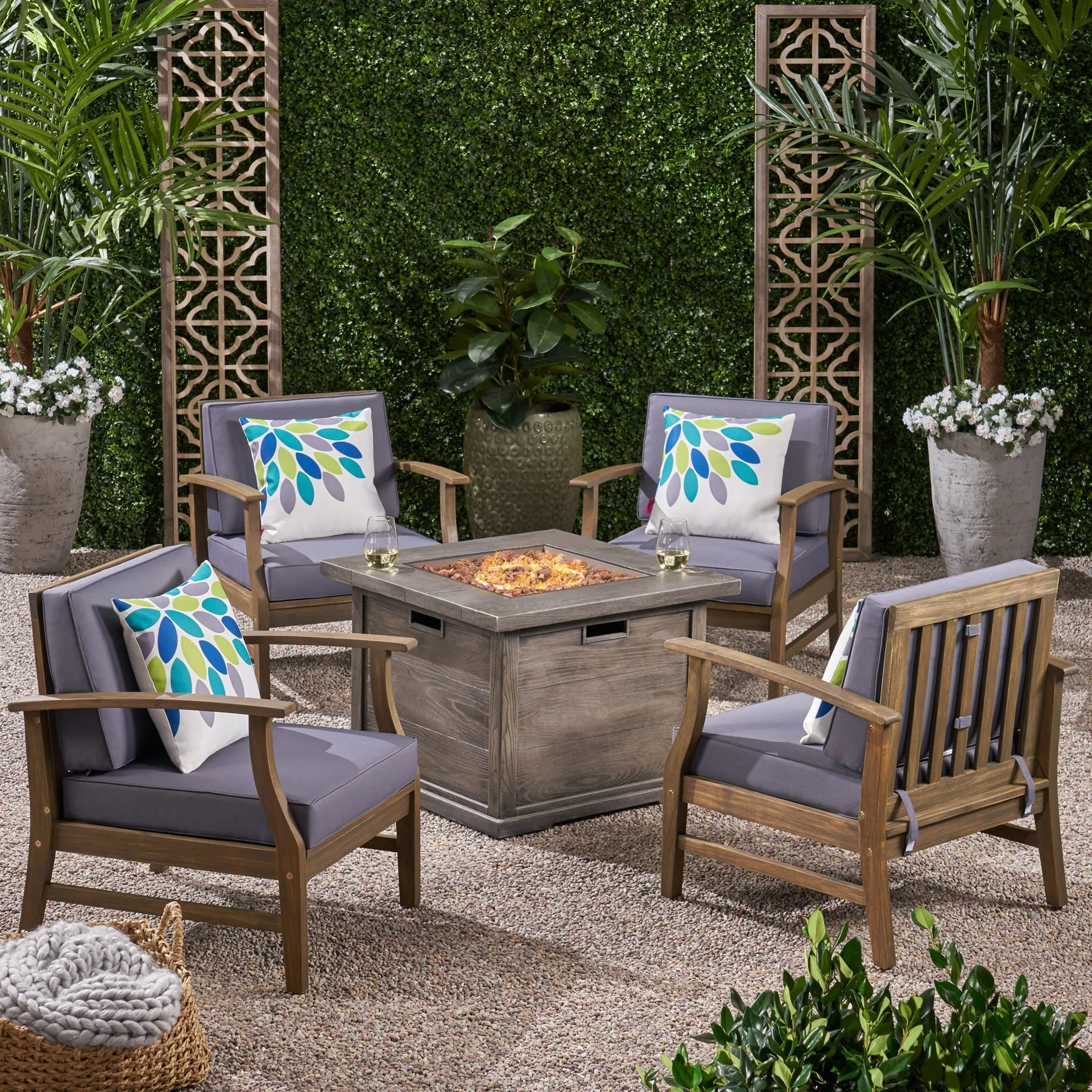 Outdoor 5 Piece Acacia Wood Club Chair and Fire Pit Set, Gray Finish and Gray - NH513803 clothes rack, garment rack